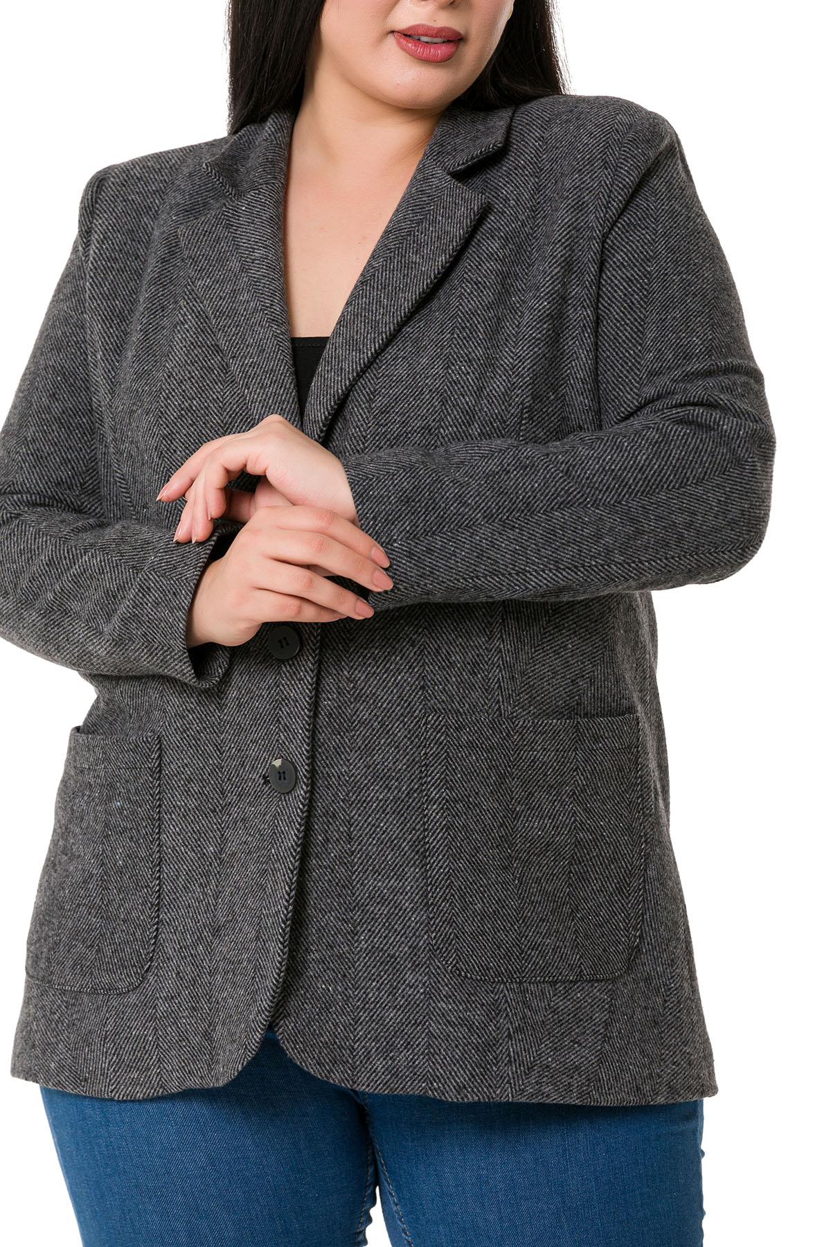 Büyük Beden Cepli Balıksırtı Blazer Astarlı Gri Ceket  