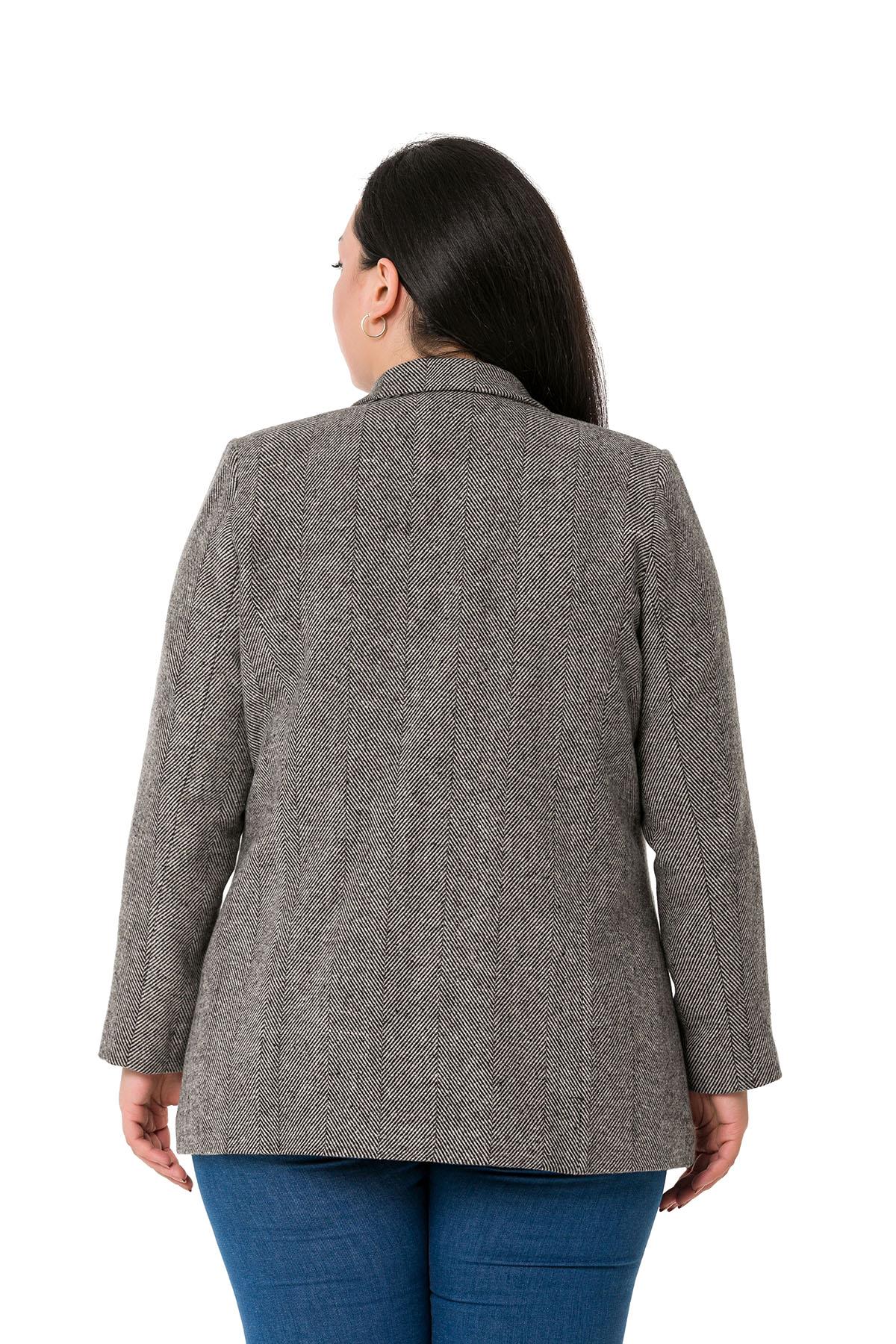 Büyük Beden Cepli Balıksırtı Blazer Astarlı Vizon Ceket  