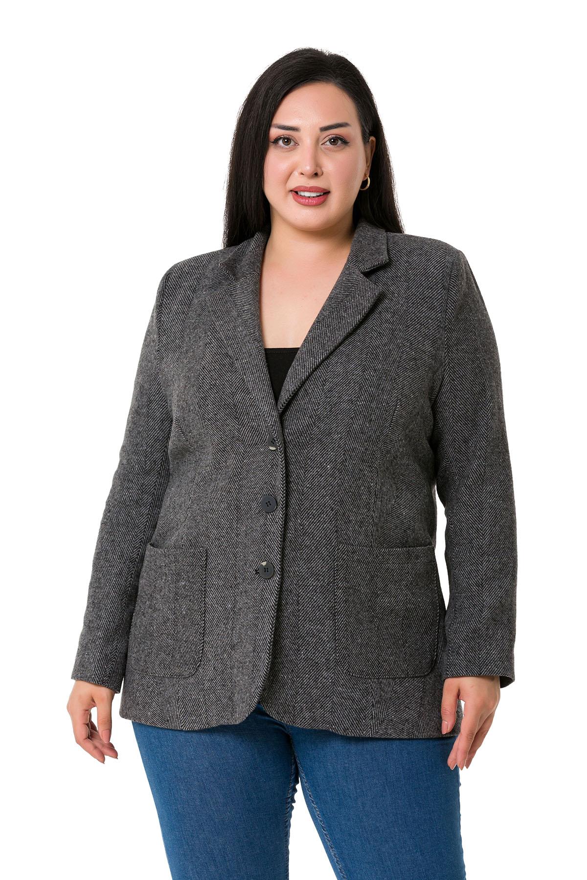 Büyük Beden Cepli Balıksırtı Blazer Astarlı Gri Ceket  