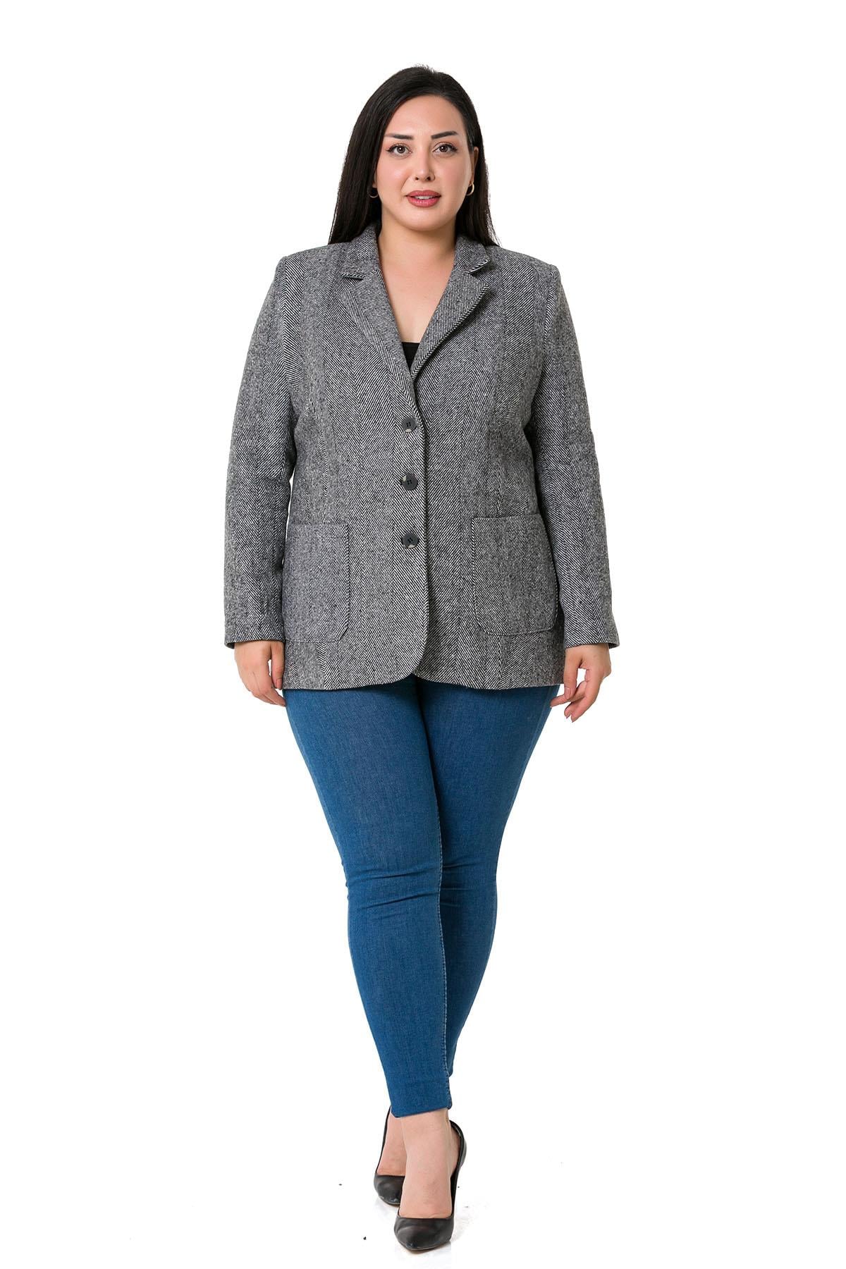 Büyük Beden Cepli Balıksırtı Blazer Astarlı Ekru Ceket  
