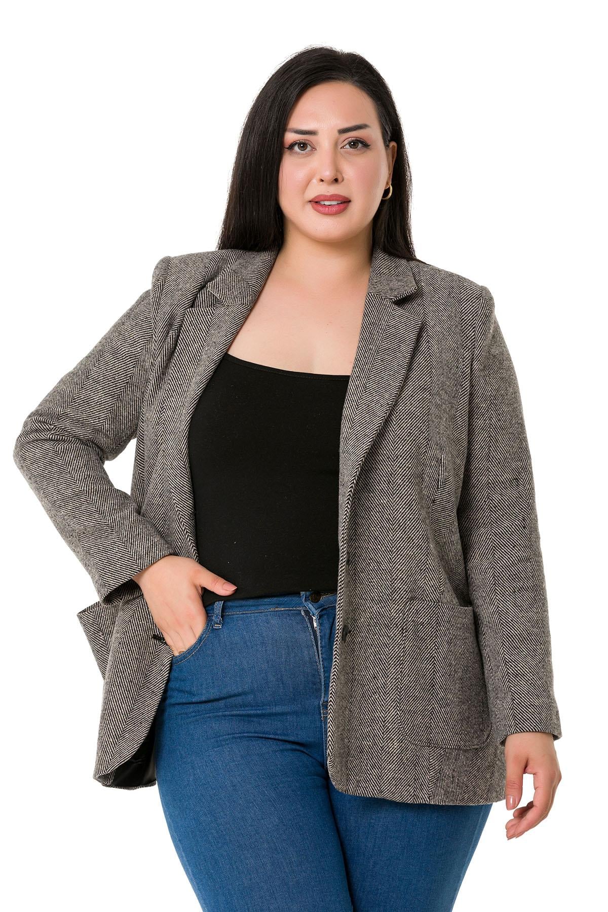 Büyük Beden Cepli Balıksırtı Blazer Astarlı Vizon Ceket  