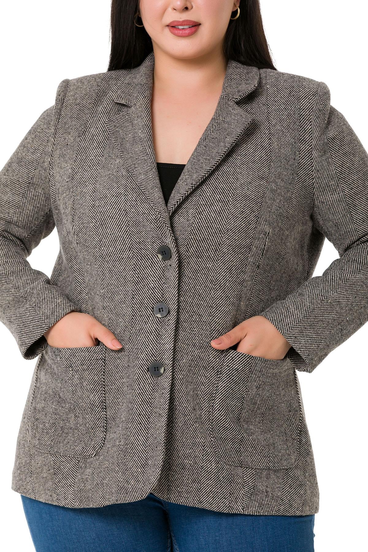 Büyük Beden Cepli Balıksırtı Blazer Astarlı Vizon Ceket  