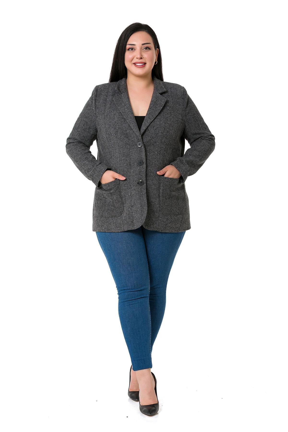 Büyük Beden Cepli Balıksırtı Blazer Astarlı Gri Ceket  