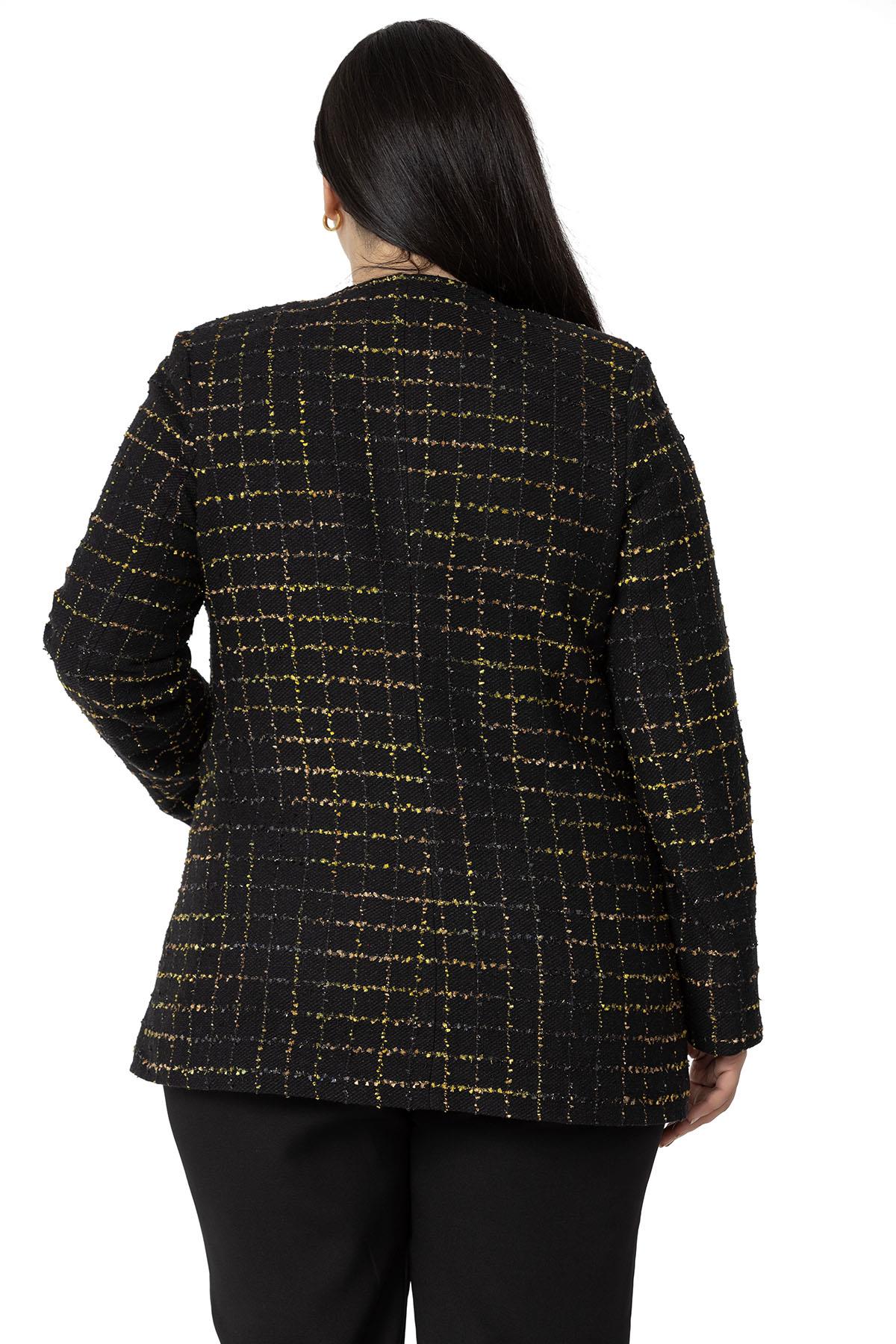 Plus Size Pocket Collarless Glitter Chanel Black Mustard Lined Jacket