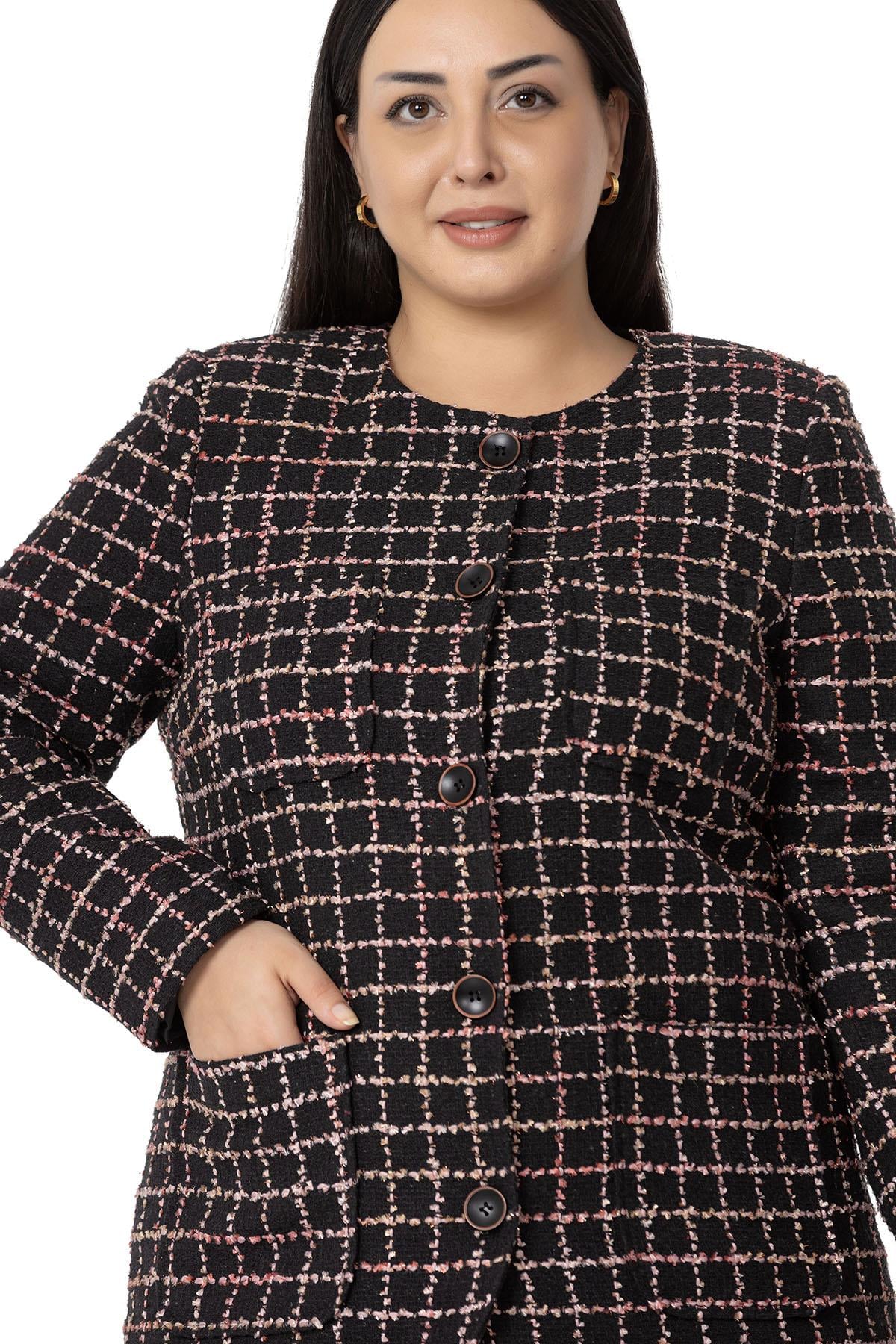 Plus Size Pocket Collarless Glitter Chanel Black Pink Lined Jacket
