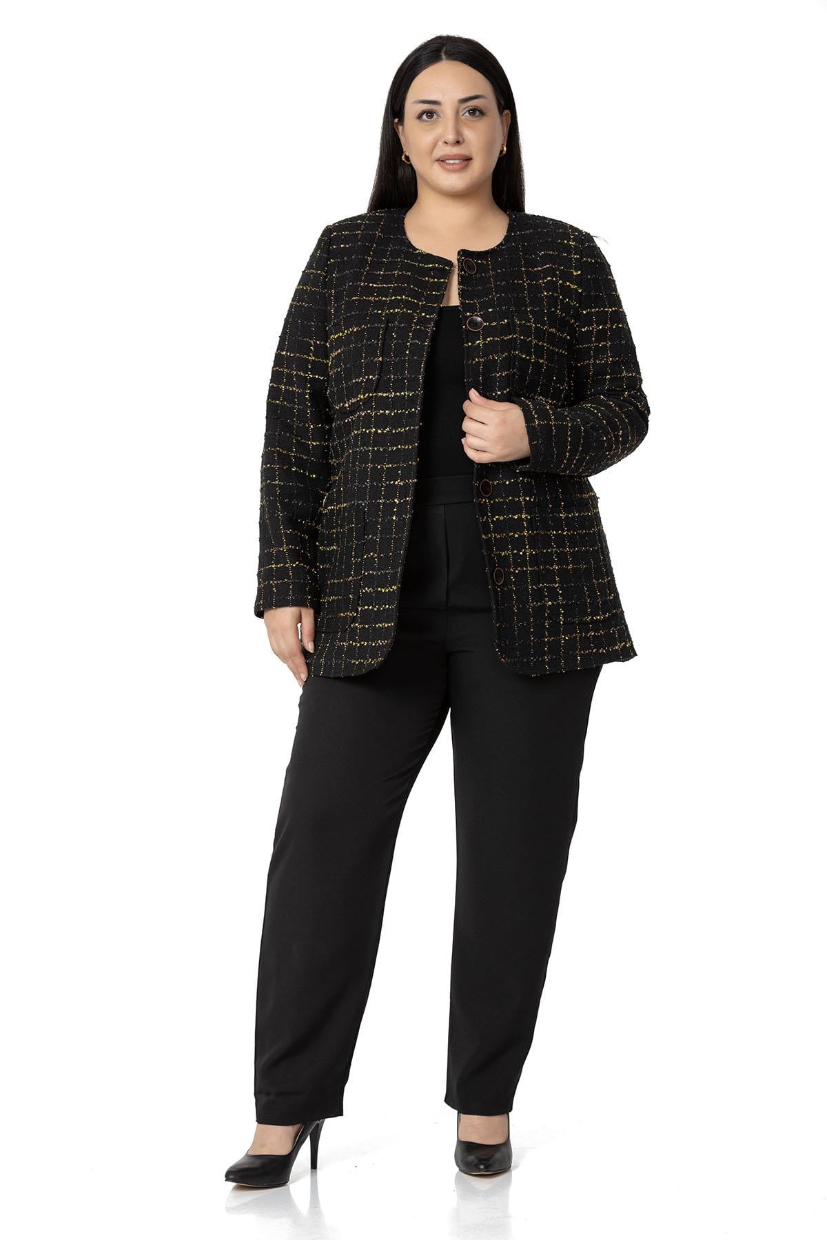 Plus Size Pocket Collarless Glitter Chanel Black Mustard Lined Jacket