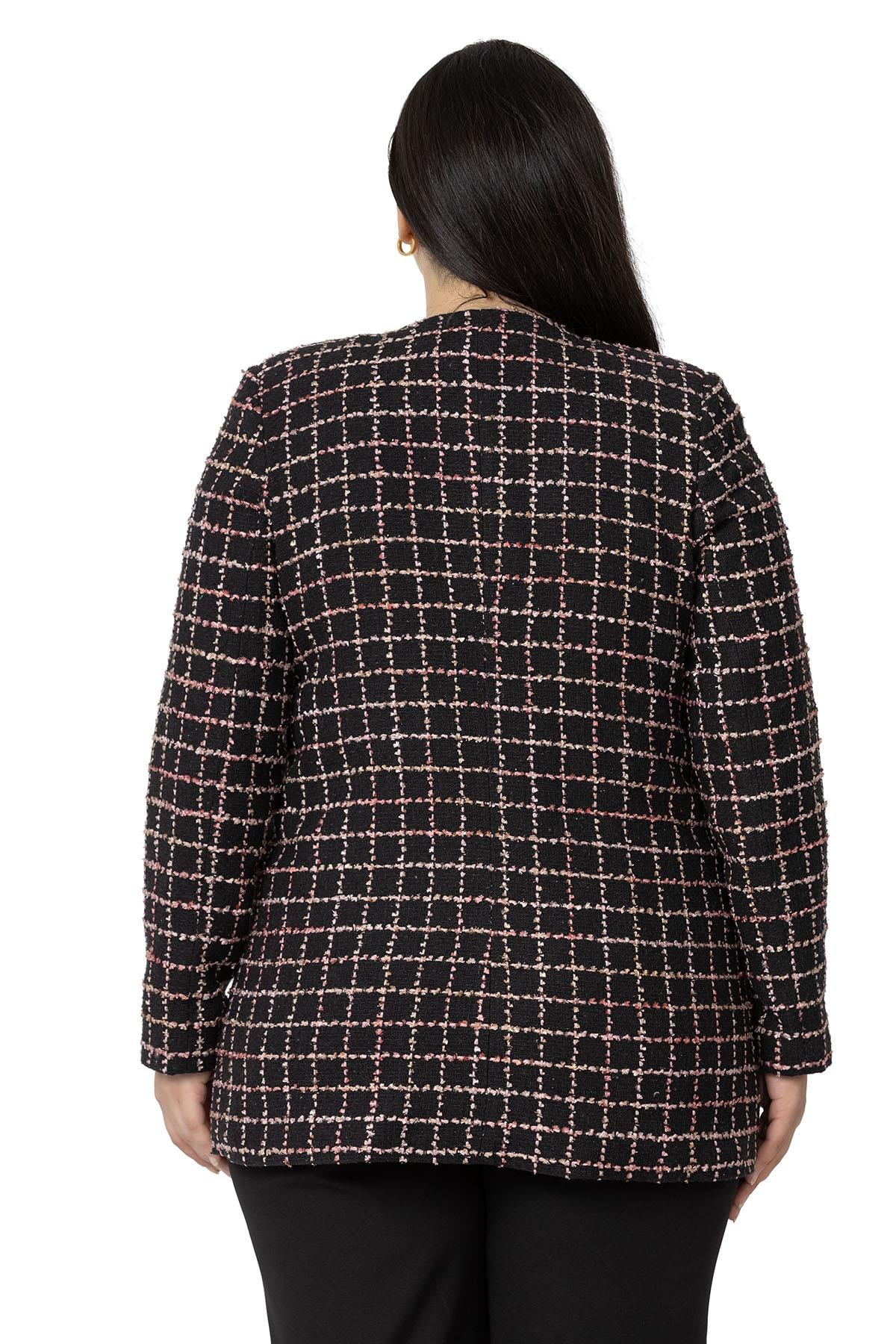 Plus Size Pocket Collarless Glitter Chanel Black Pink Lined Jacket