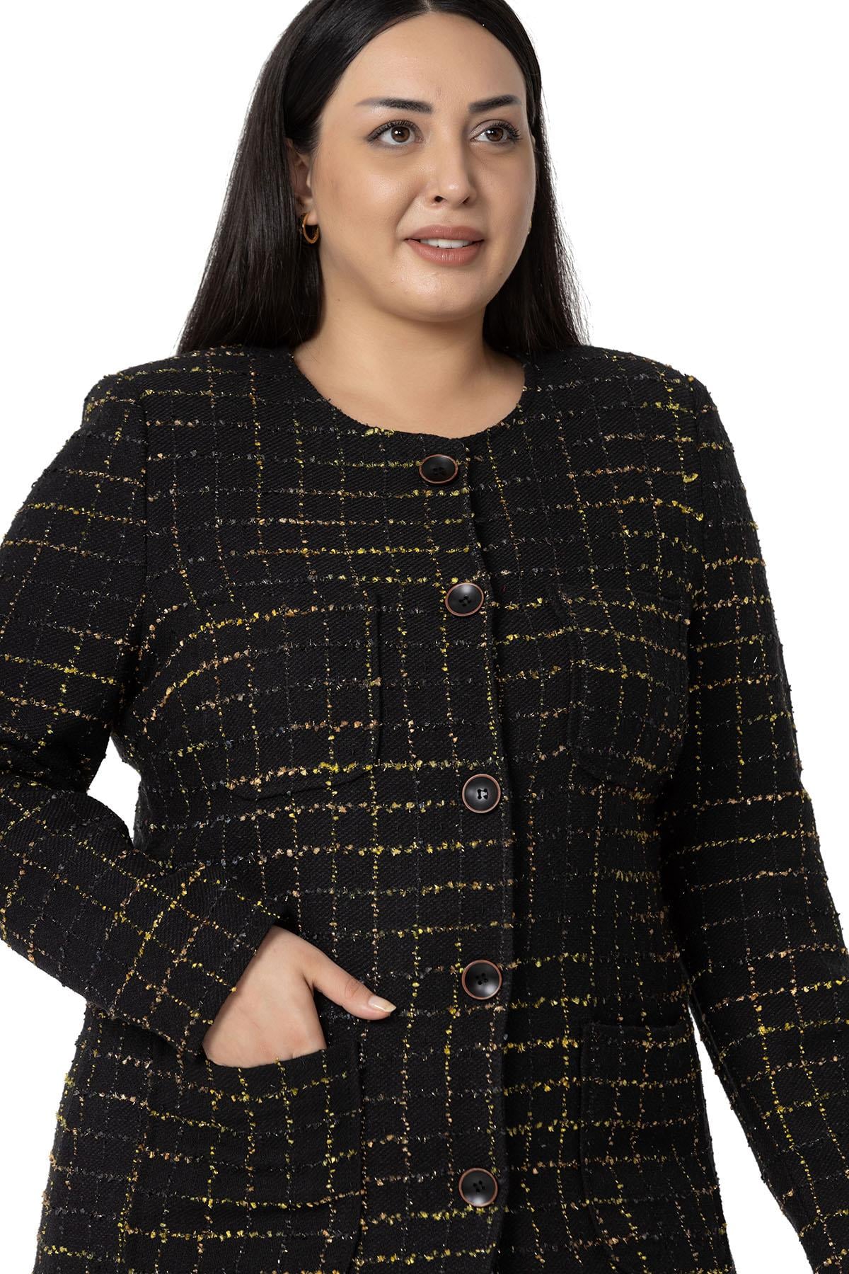 Plus Size Pocket Collarless Glitter Chanel Black Mustard Lined Jacket
