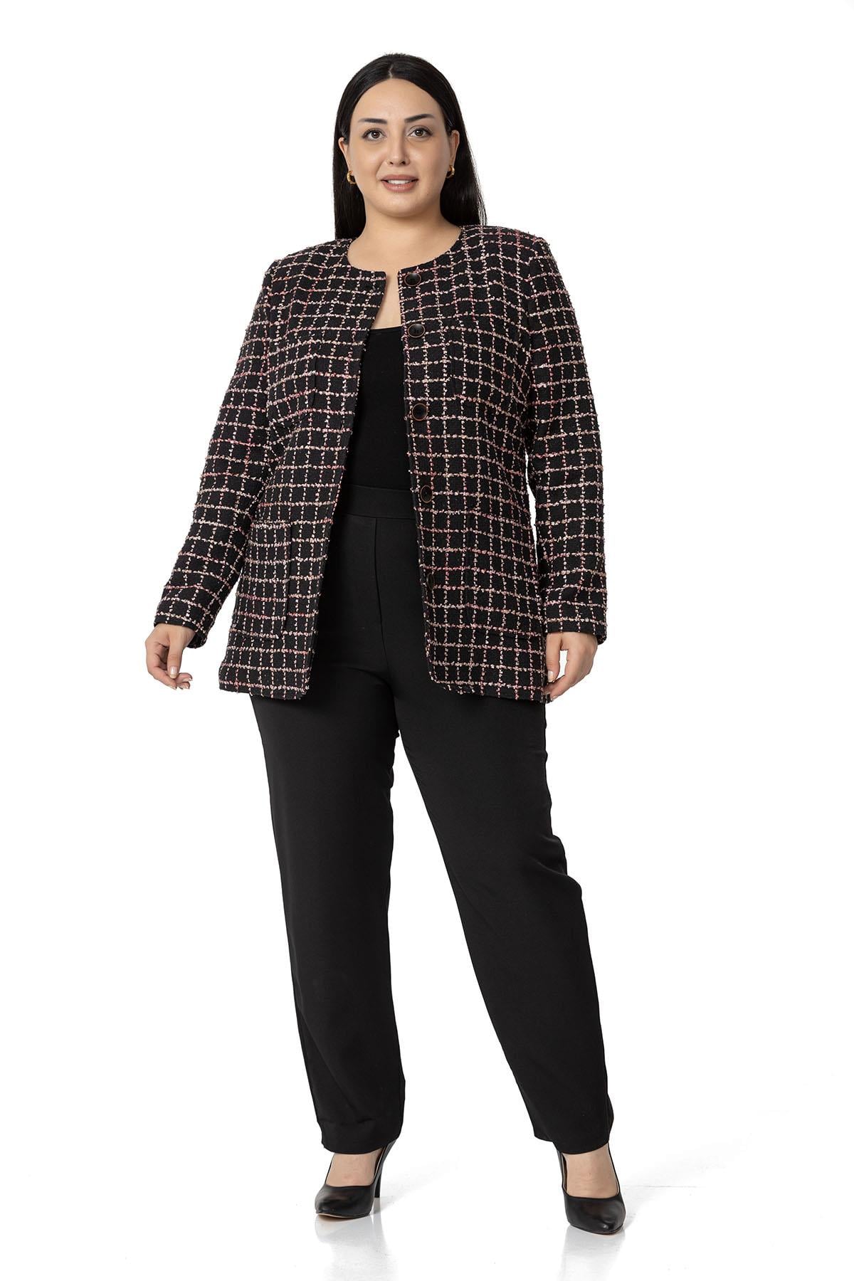 Plus Size Pocket Collarless Glitter Chanel Black Pink Lined Jacket