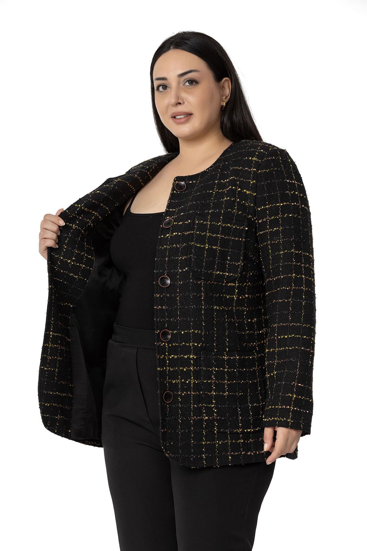 Plus Size Pocket Collarless Glitter Chanel Black Mustard Lined Jacket