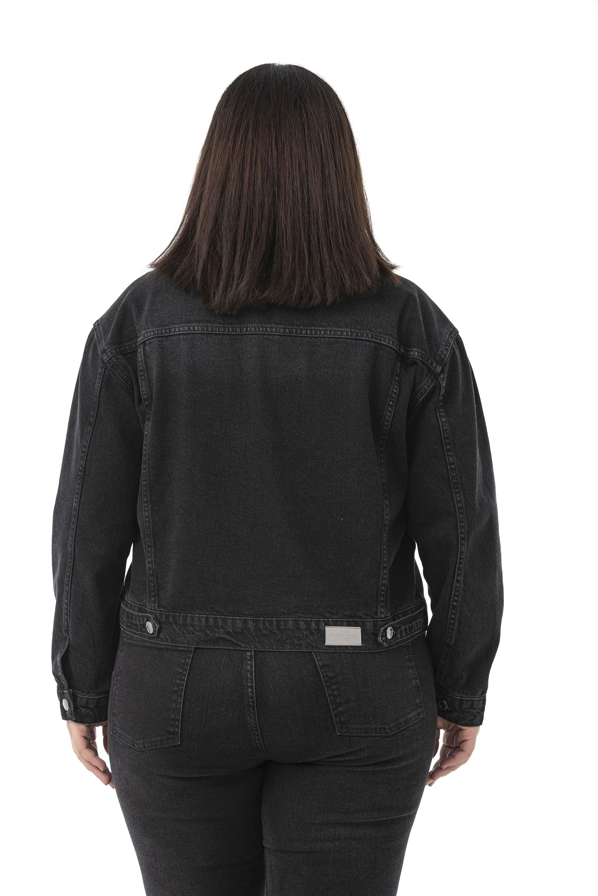 Büyük Beden Göğüsten Çift Cepli Kısa Siyah Denim Ceket