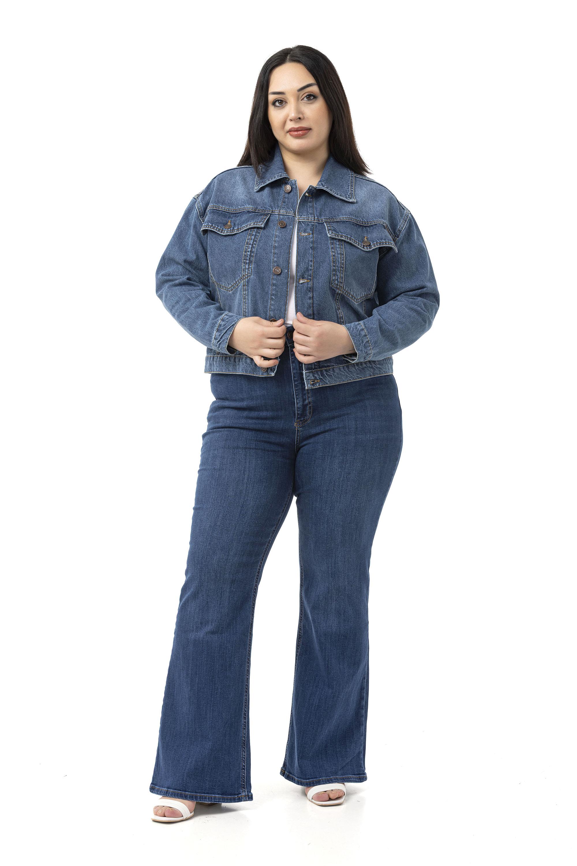 Büyük Beden Göğüsten Çift Cepli Kısa Mavi Denim Ceket