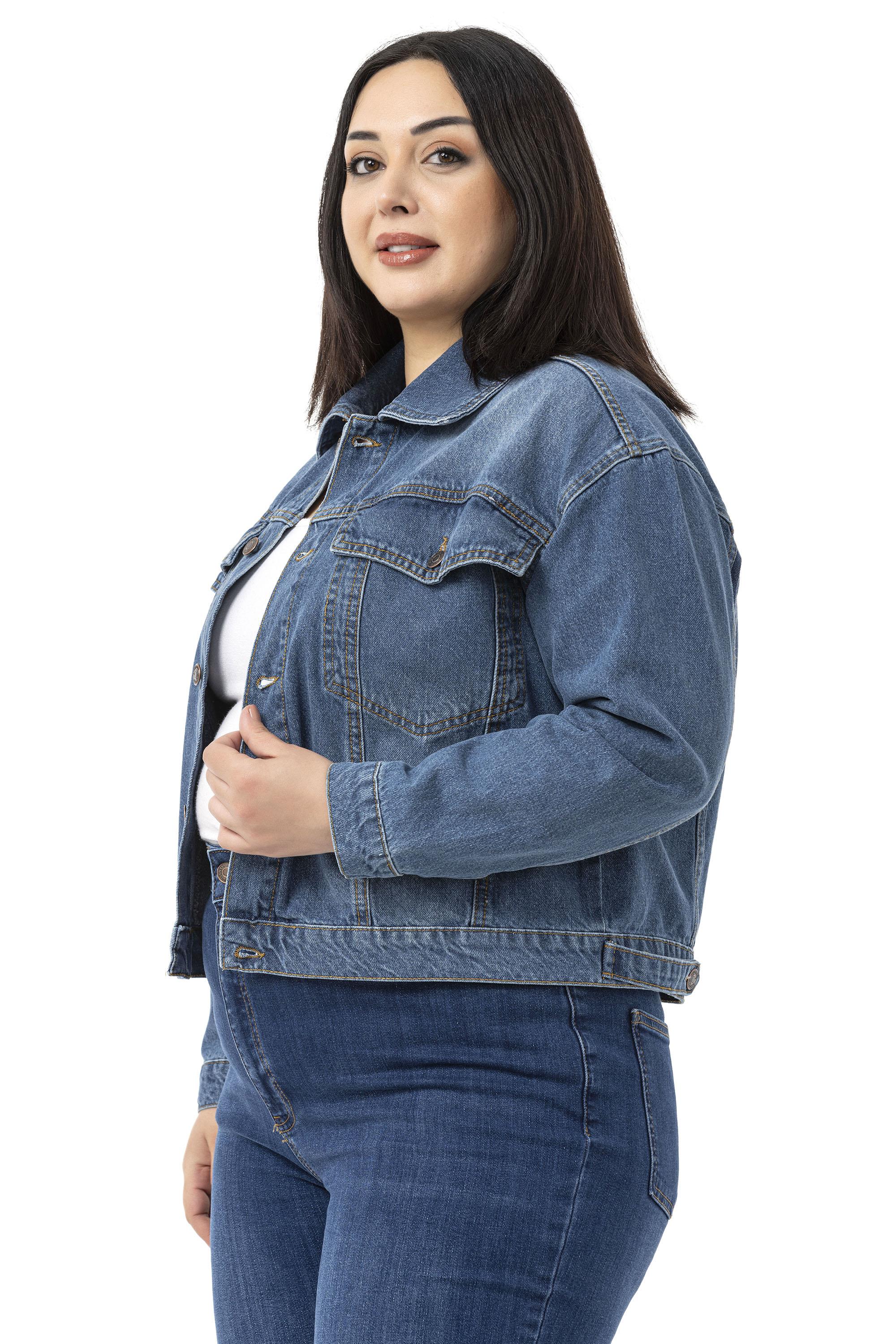 Büyük Beden Göğüsten Çift Cepli Kısa Mavi Denim Ceket