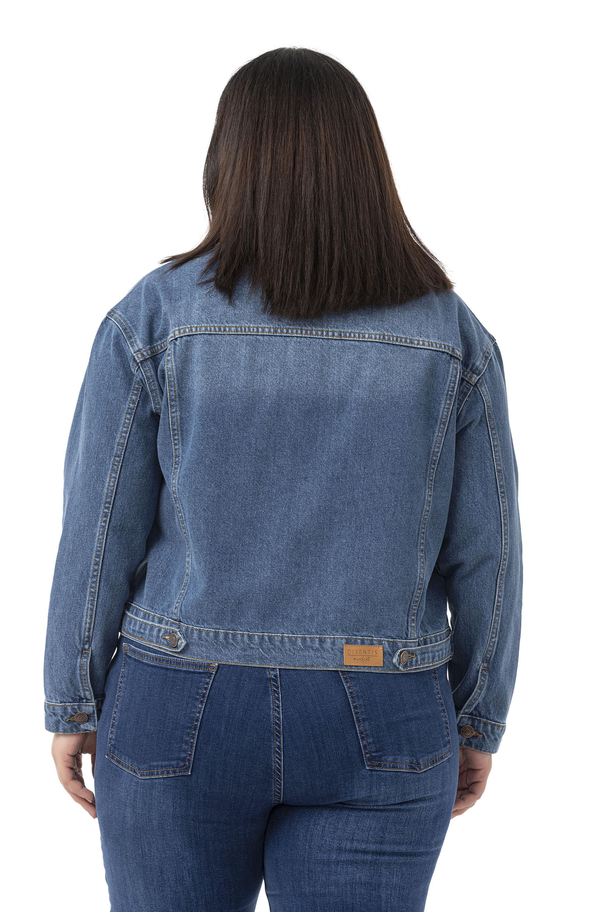 Büyük Beden Göğüsten Çift Cepli Kısa Mavi Denim Ceket