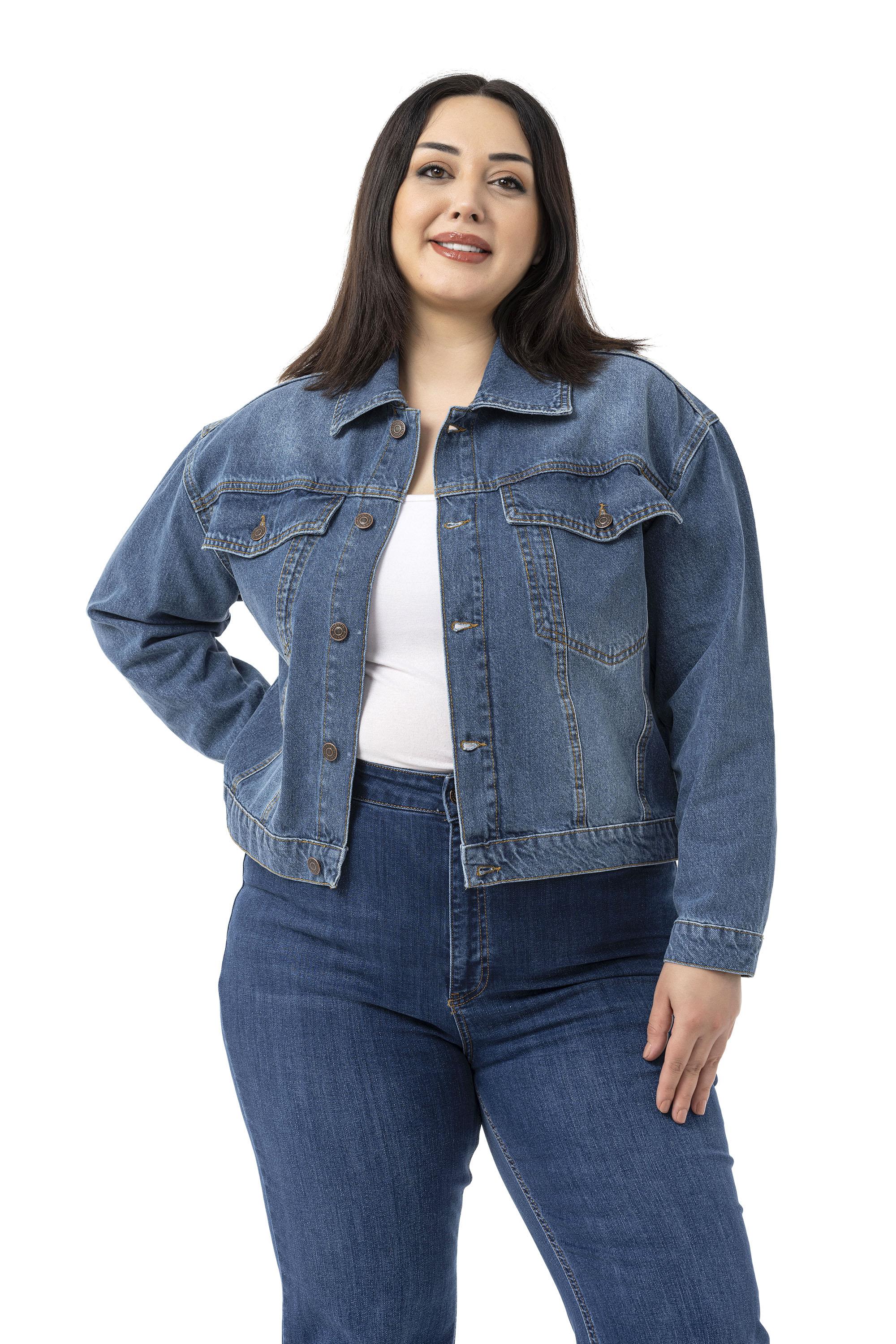 Büyük Beden Göğüsten Çift Cepli Kısa Mavi Denim Ceket