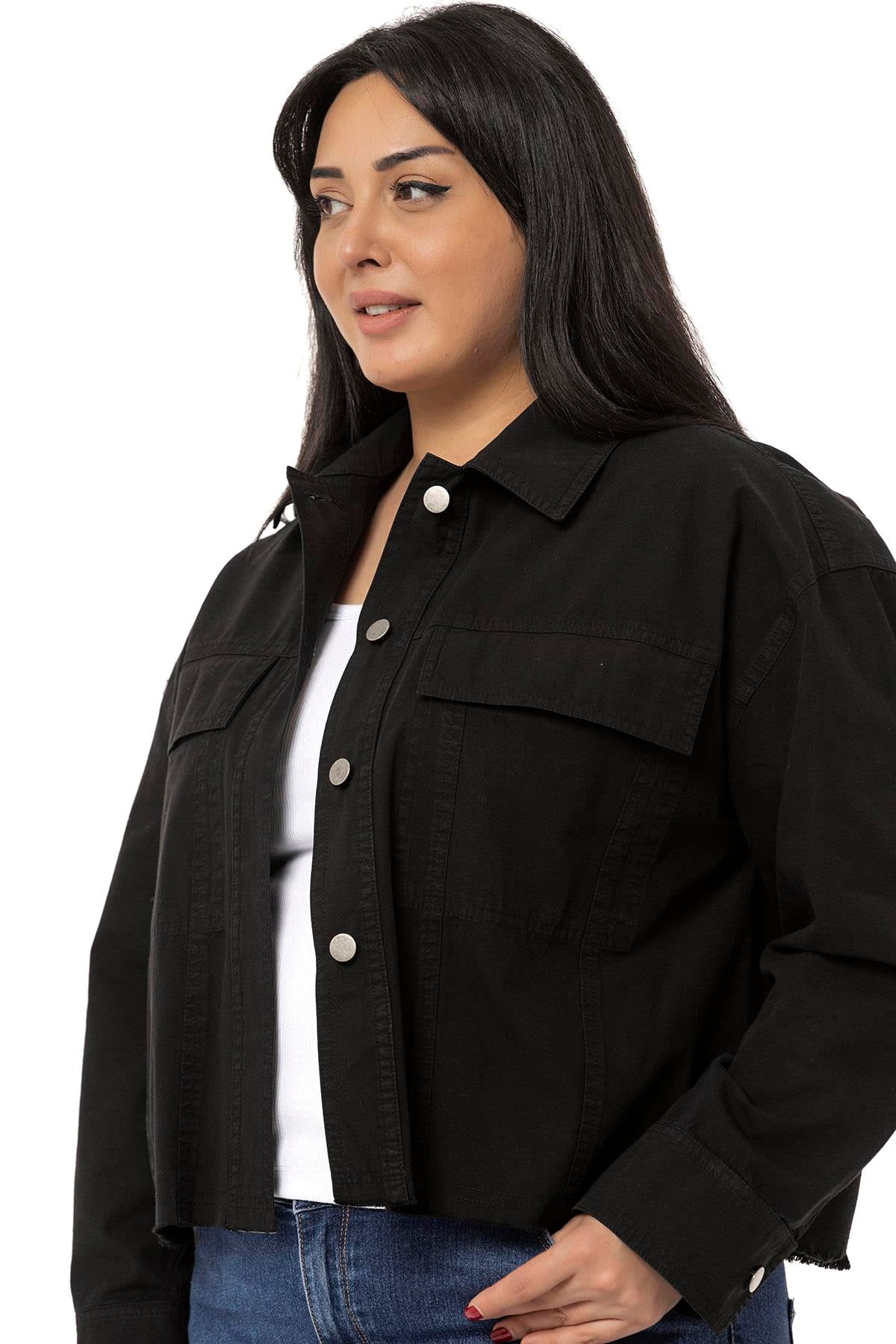 Plus Size Black Jacket with Flap Pockets and Skirt with Dirty Stitching
