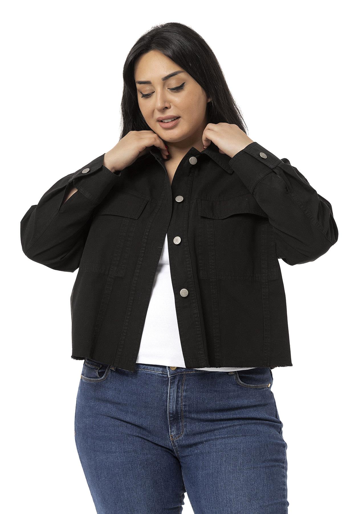 Plus Size Black Jacket with Flap Pockets and Skirt with Dirty Stitching