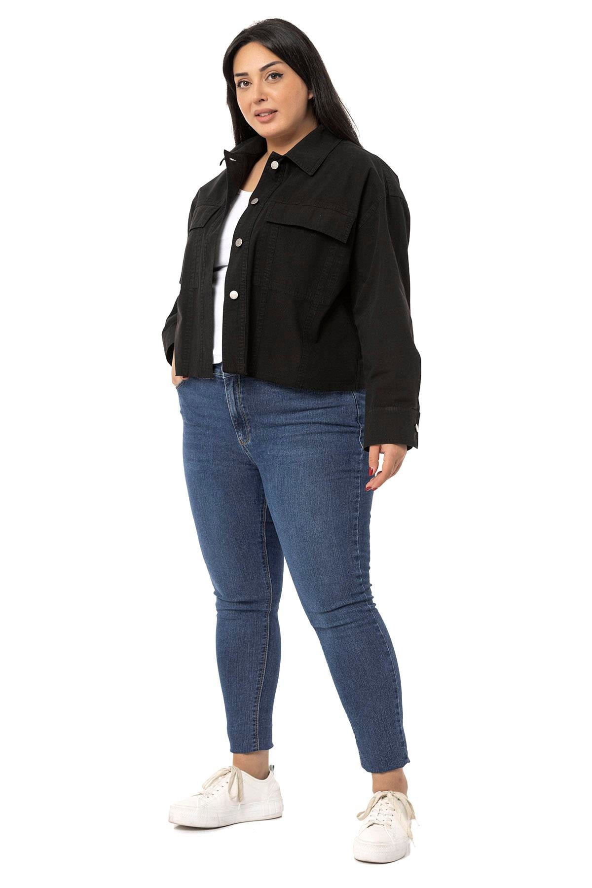 Plus Size Black Jacket with Flap Pockets and Skirt with Dirty Stitching