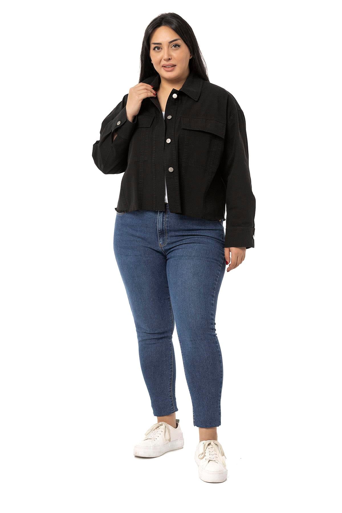 Plus Size Black Jacket with Flap Pockets and Skirt with Dirty Stitching