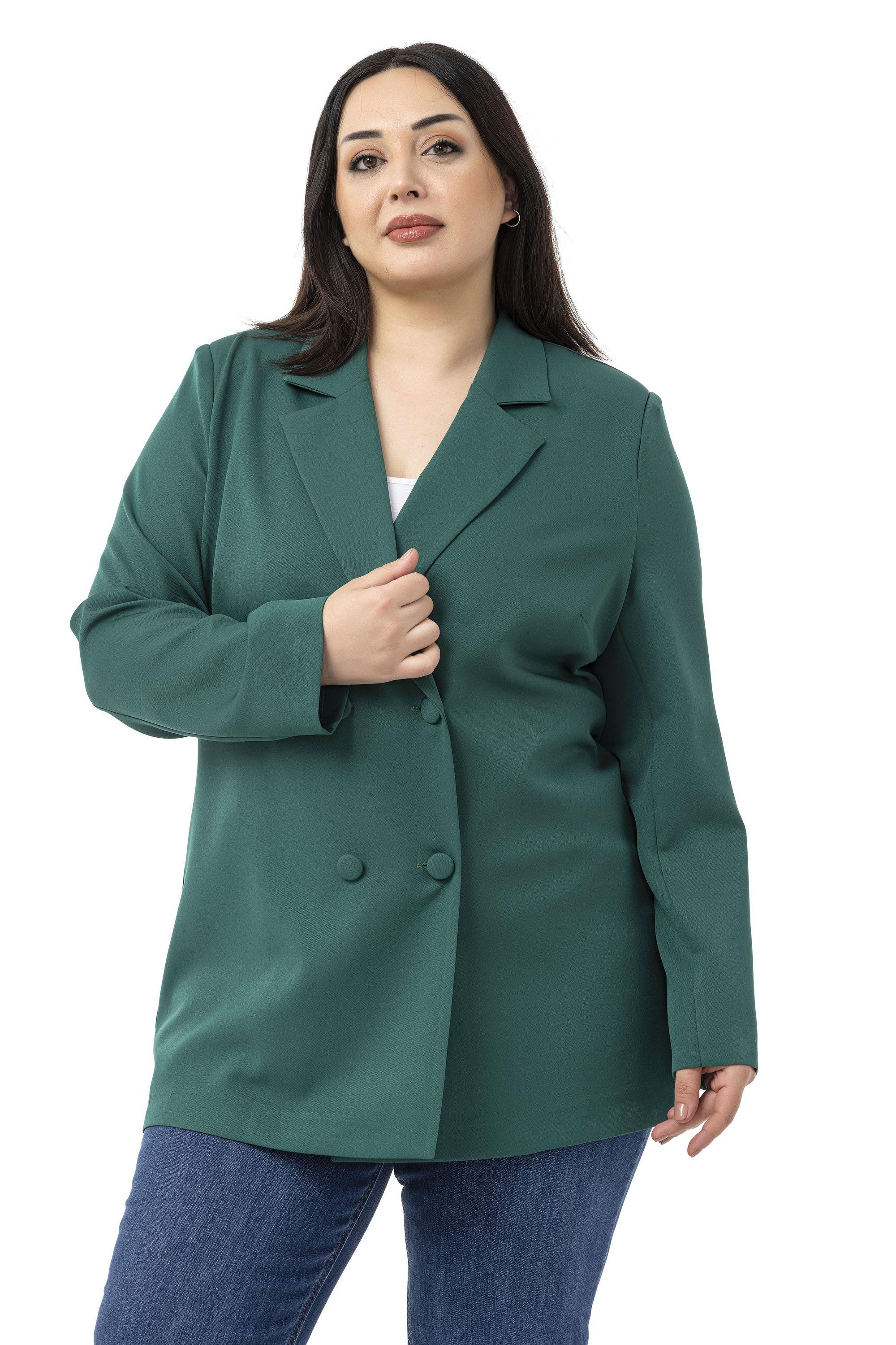 Büyük Beden Kaplama Düğmeli Kruvaze Zümrüt Yeşili Astarsız Ceket