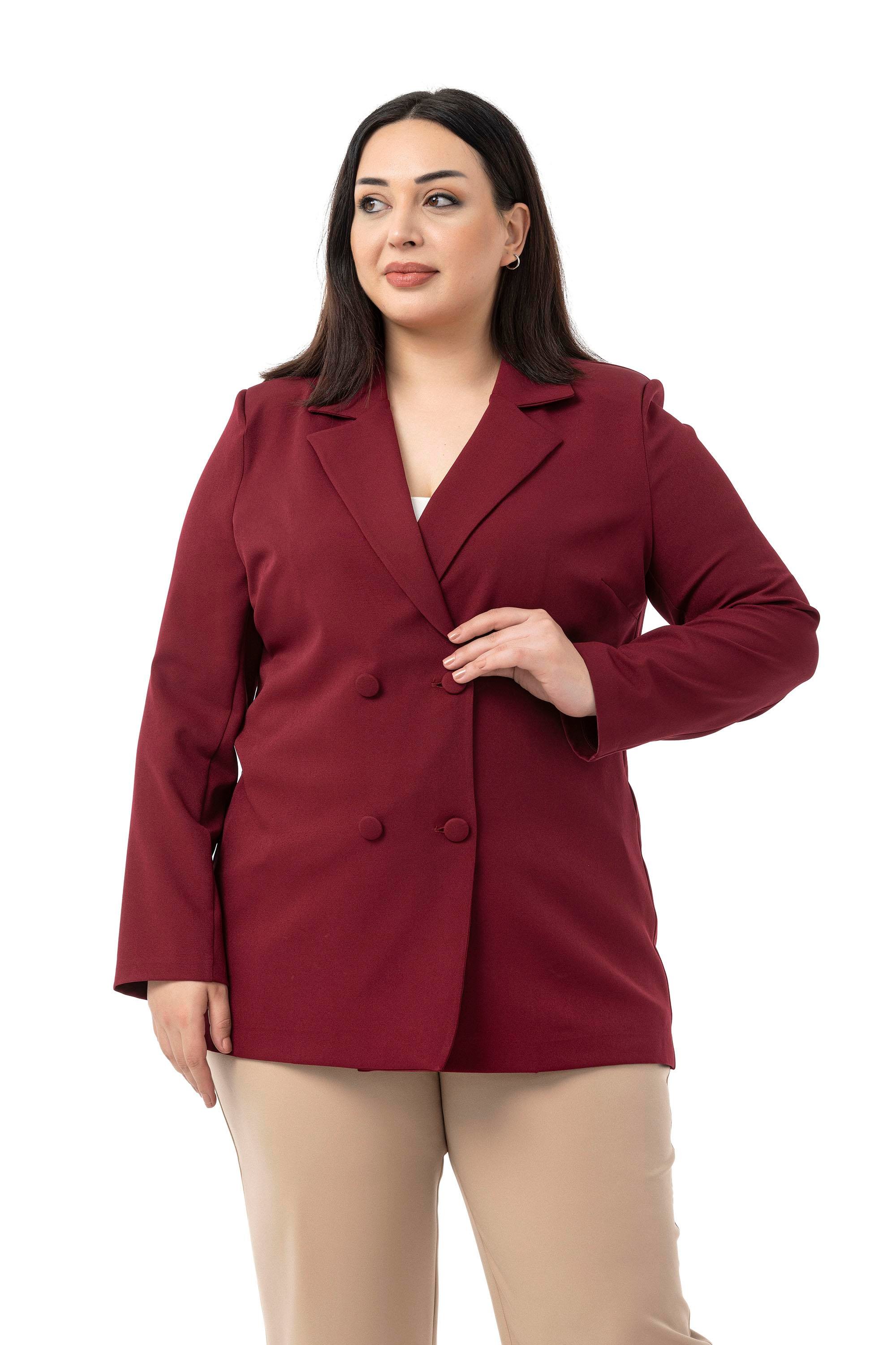 Büyük Beden Kaplama Düğmeli Kruvaze Bordo Astarsız Ceket