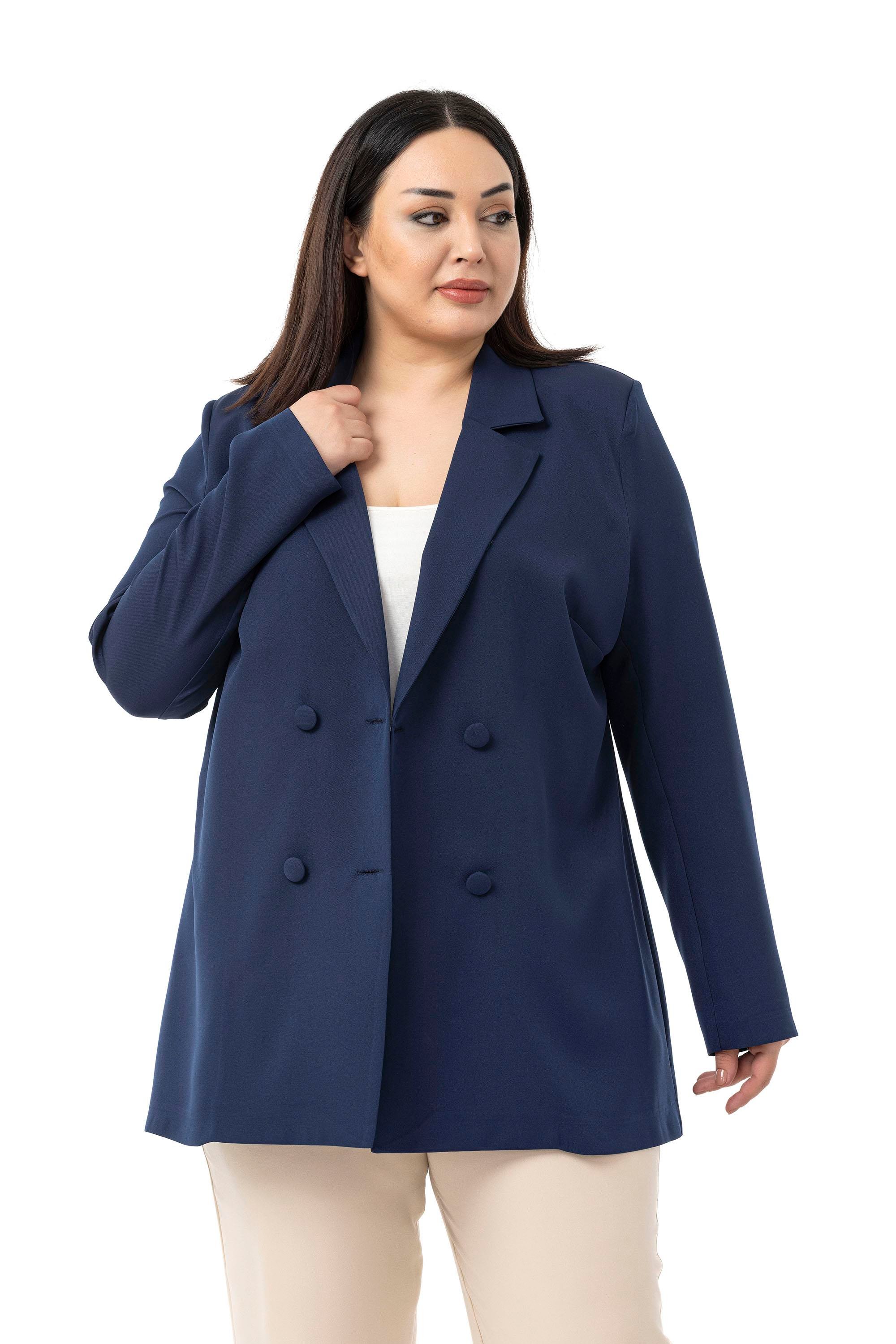 Büyük Beden Kaplama Düğmeli Kruvaze Lacivert Astarsız Ceket