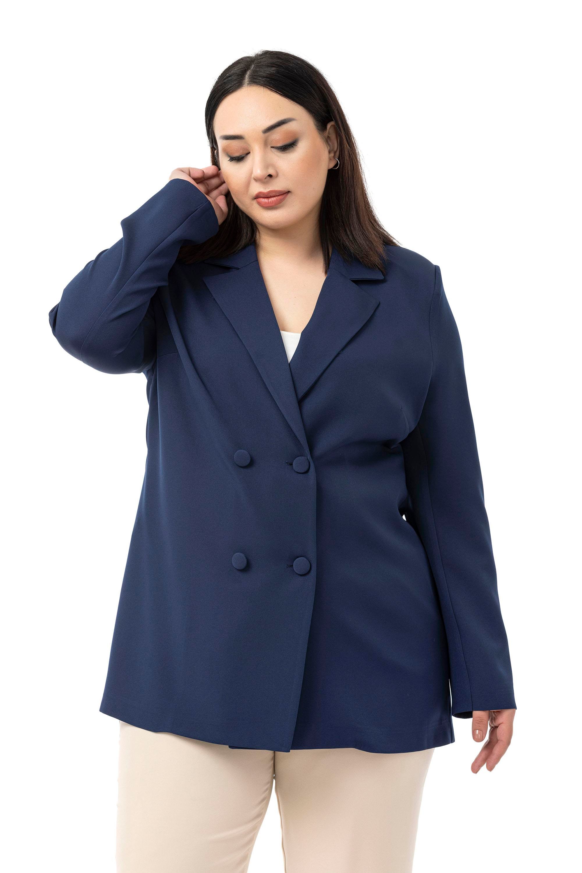 Büyük Beden Kaplama Düğmeli Kruvaze Lacivert Astarsız Ceket