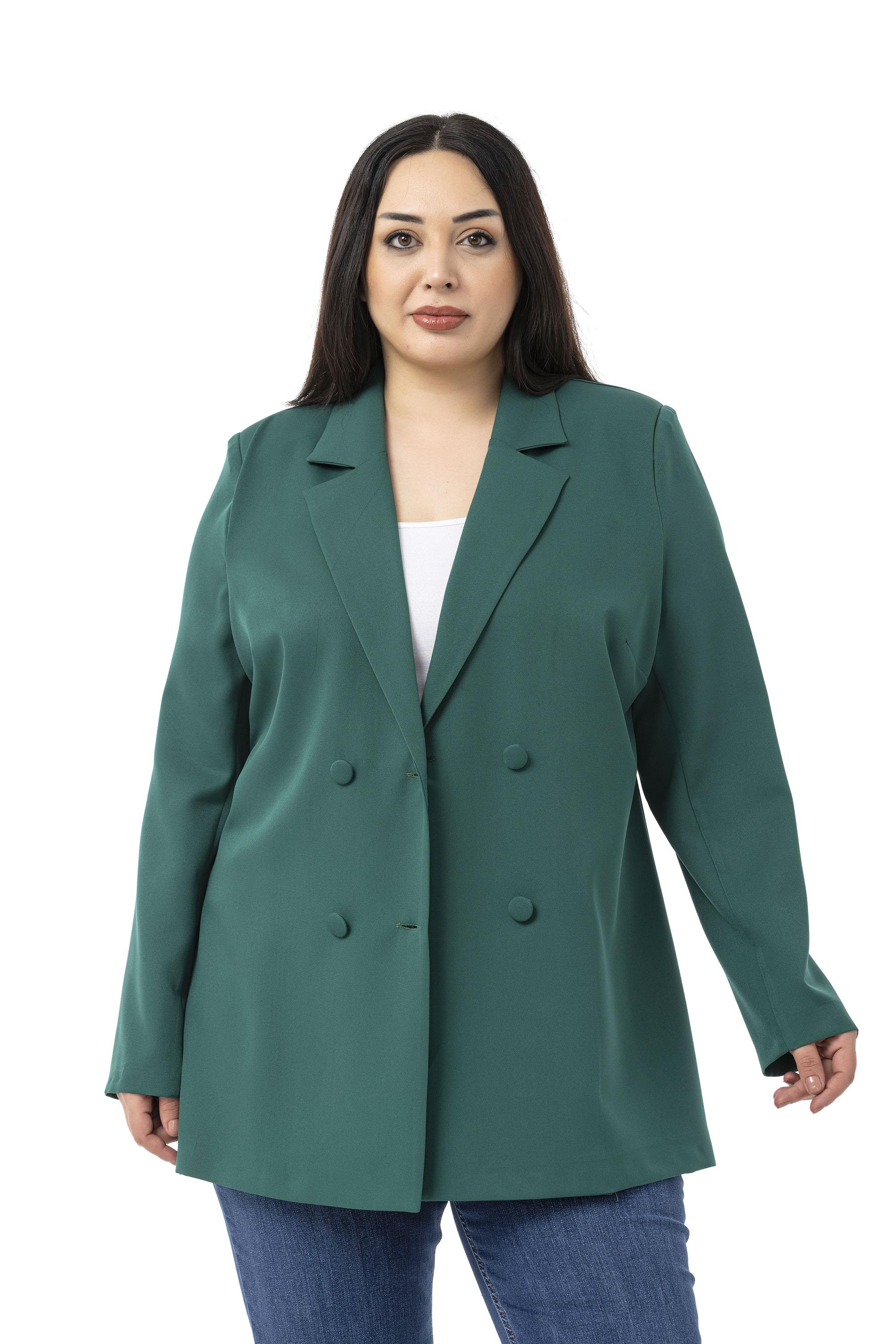 Büyük Beden Kaplama Düğmeli Kruvaze Zümrüt Yeşili Astarsız Ceket