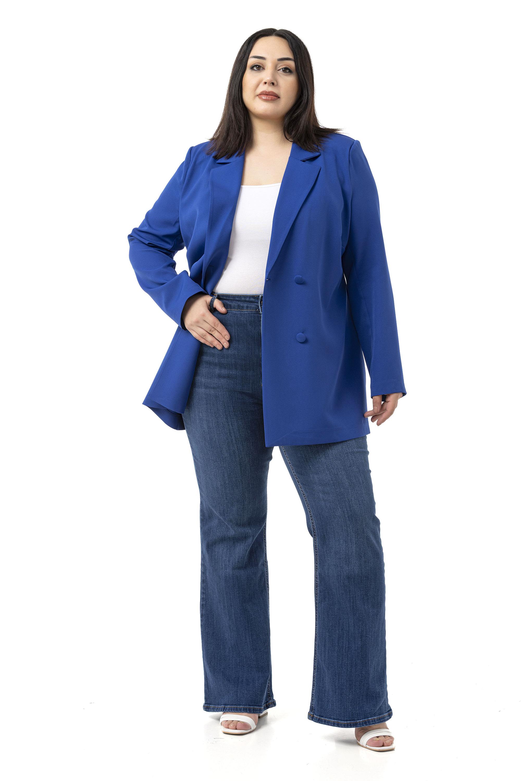 Büyük Beden Kaplama Düğmeli Kruvaze Saks Mavi Astarsız Ceket