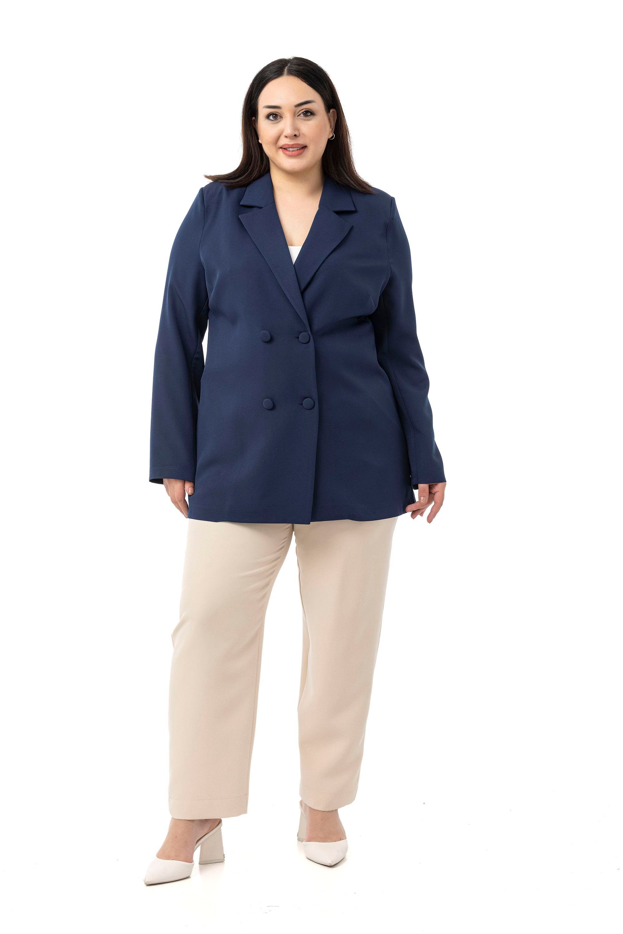 Büyük Beden Kaplama Düğmeli Kruvaze Lacivert Astarsız Ceket
