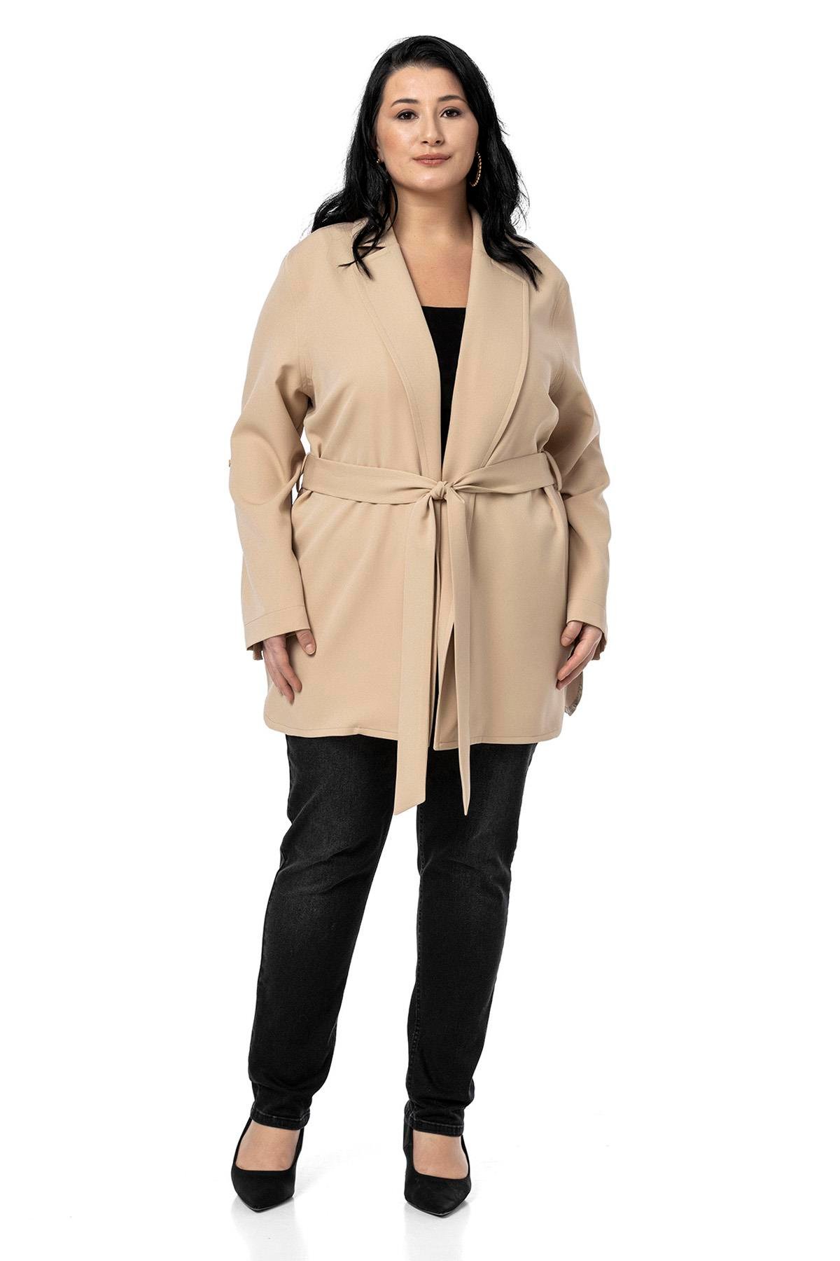 Büyük Beden Katlamalı Kollu Kuşaklı Astarsız Uzun Bej Rengi Ceket