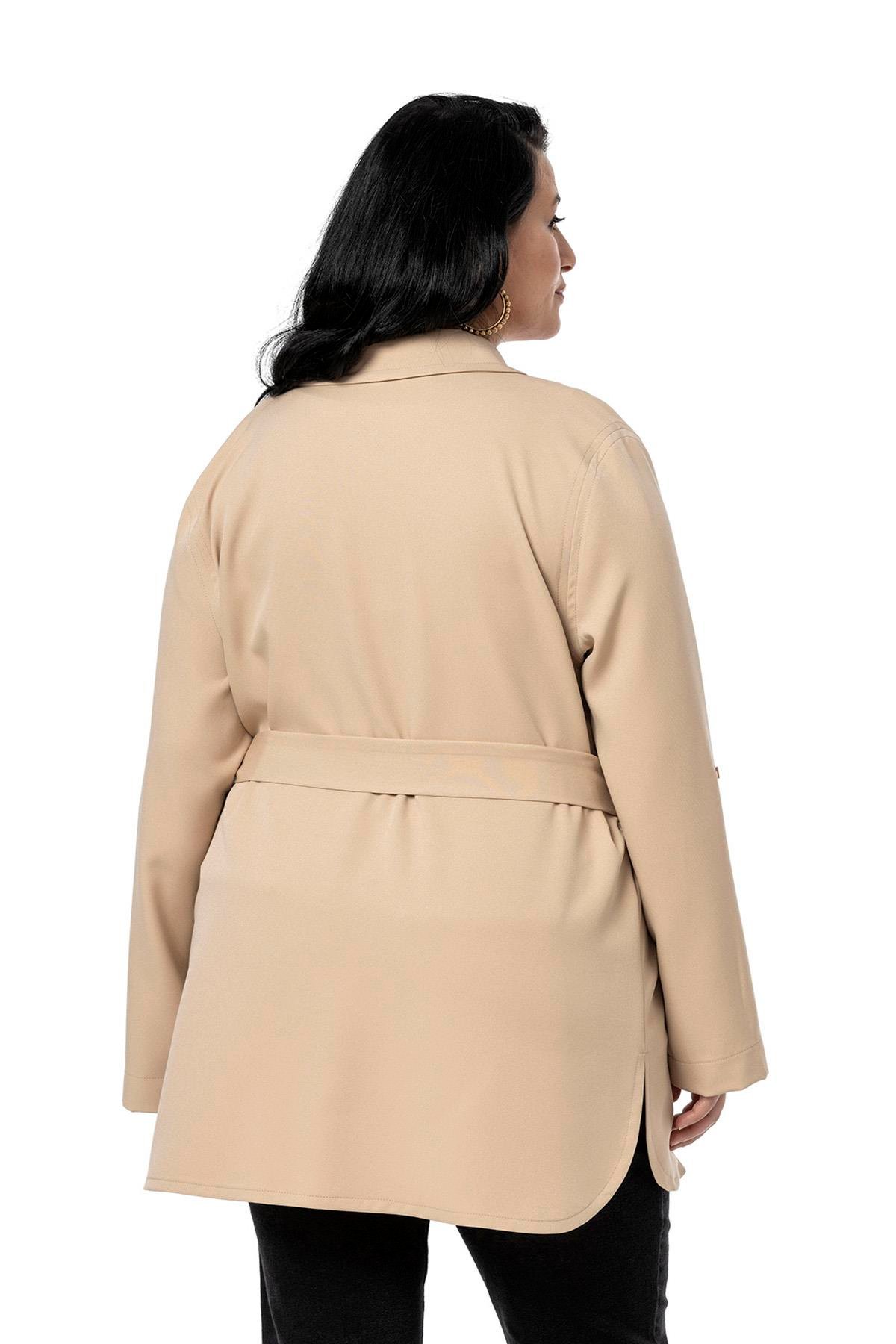 Büyük Beden Katlamalı Kollu Kuşaklı Astarsız Uzun Bej Rengi Ceket