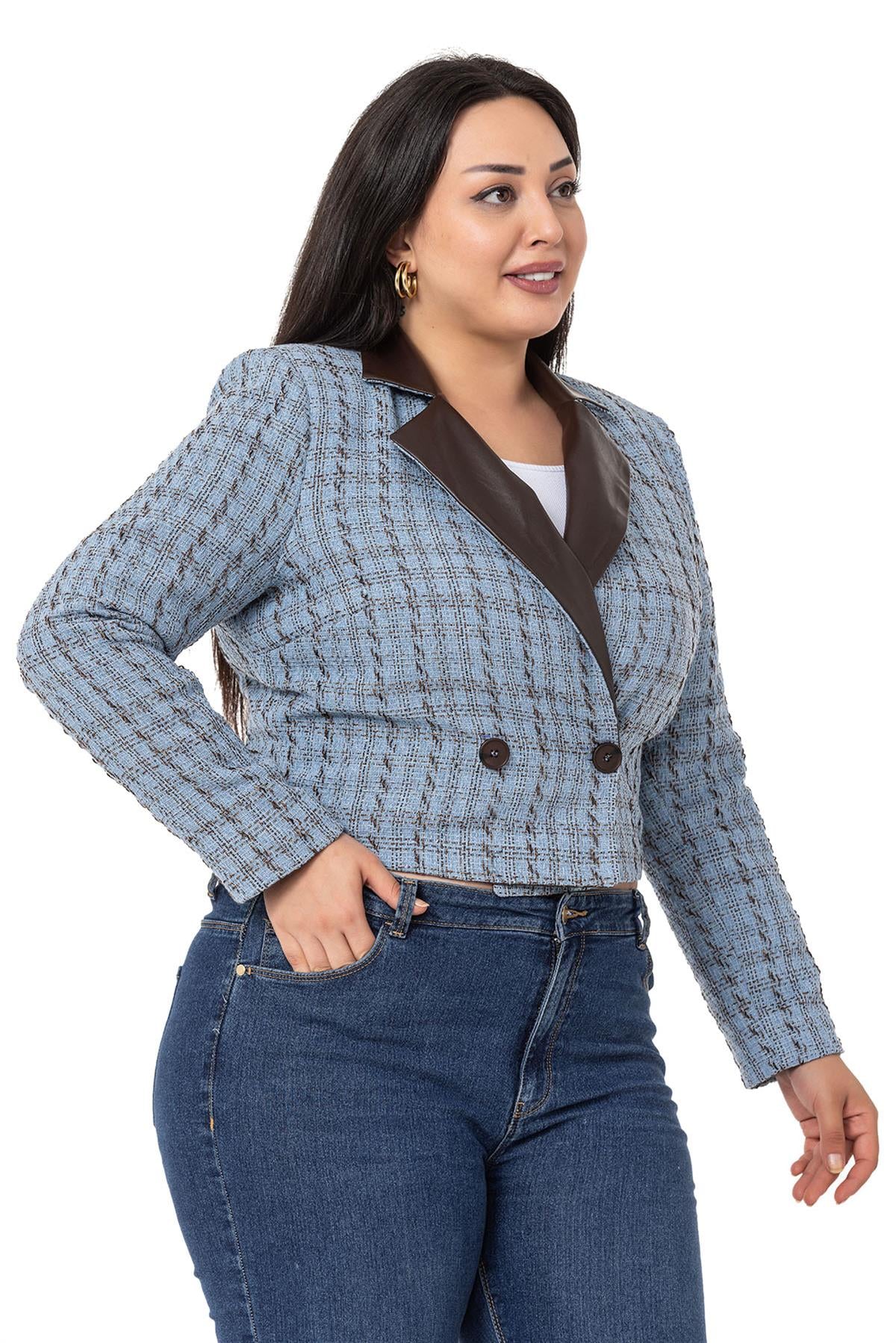Plus Size Double Breasted Collar Leather Lined Short Blue Jacket
