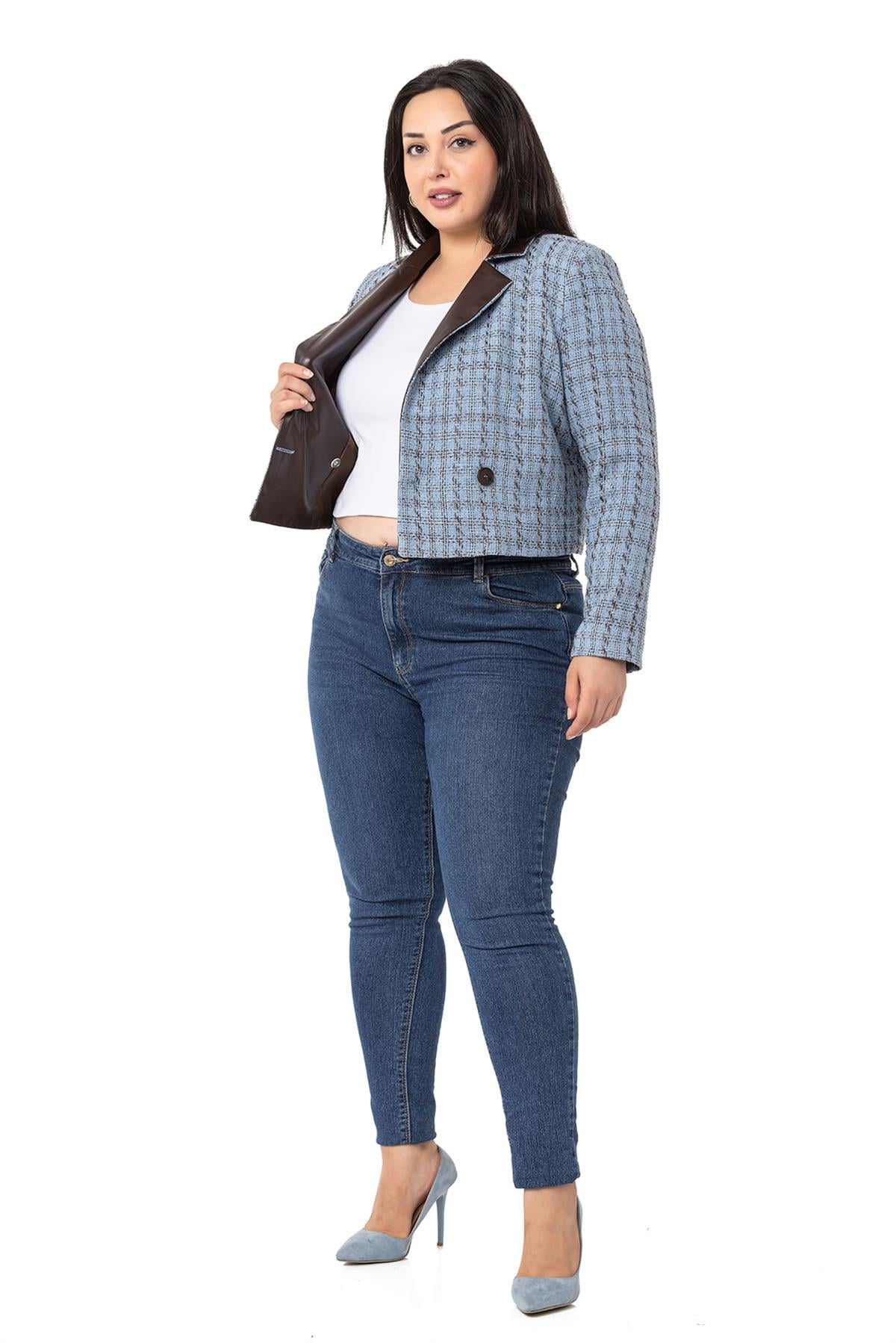 Plus Size Double Breasted Collar Leather Lined Short Blue Jacket