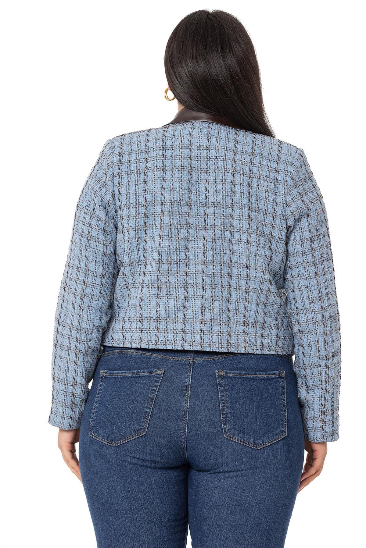 Plus Size Double Breasted Collar Leather Lined Short Blue Jacket
