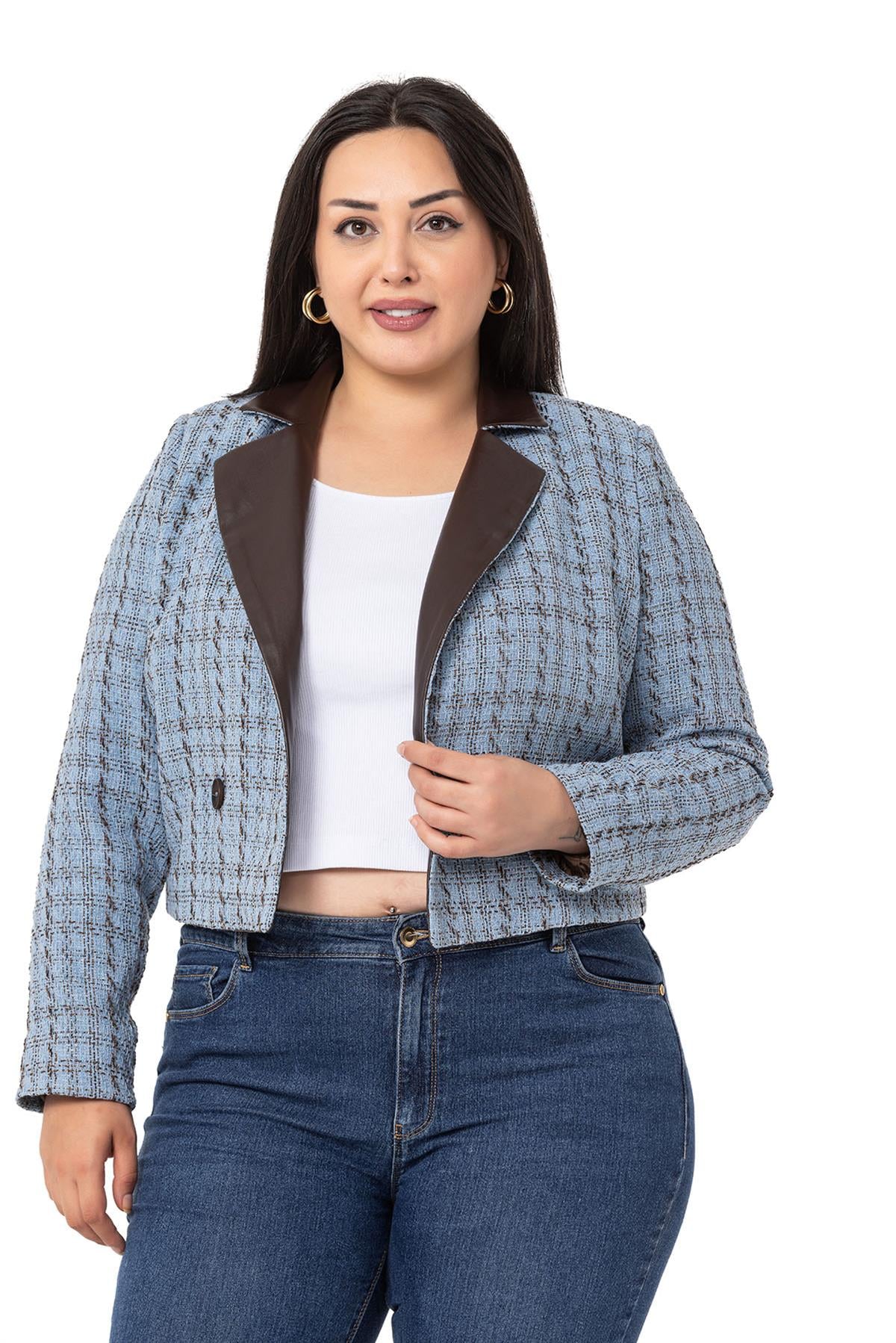 Plus Size Double Breasted Collar Leather Lined Short Blue Jacket