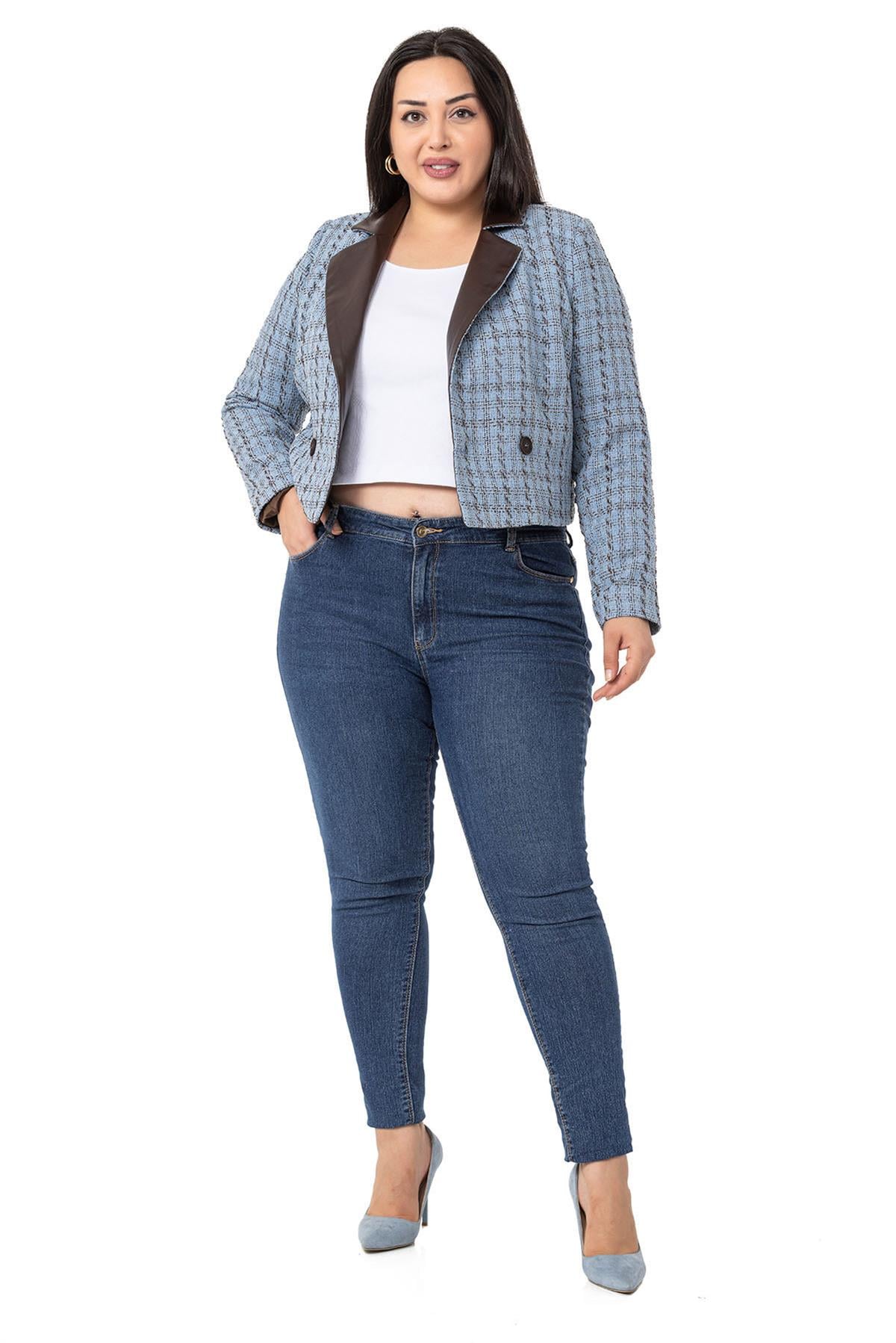 Plus Size Double Breasted Collar Leather Lined Short Blue Jacket