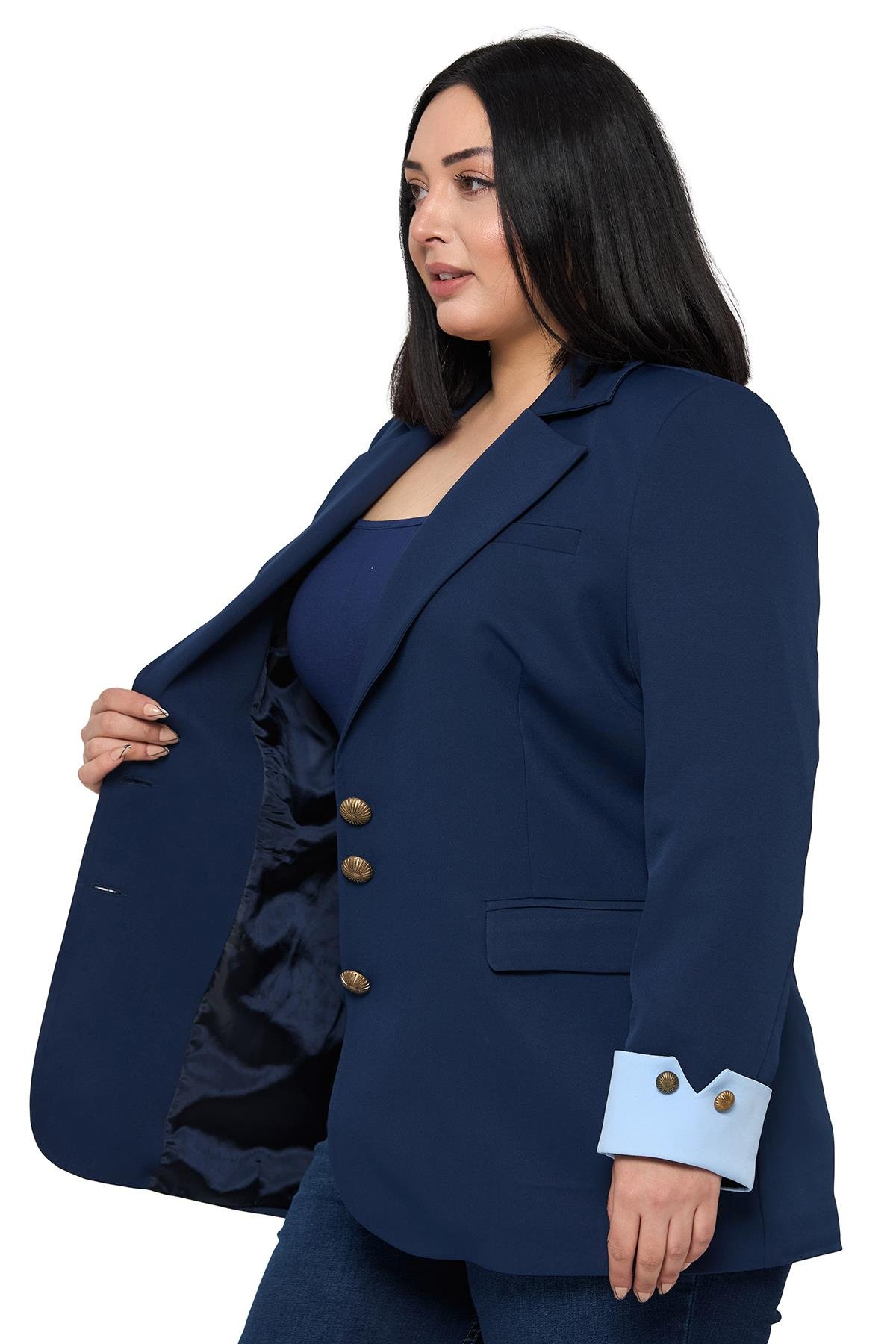 Büyük Beden Manşeti Kumaş Garnili Düğme Detaylı Astarlı Lacivert Mavi Blazer Ceket