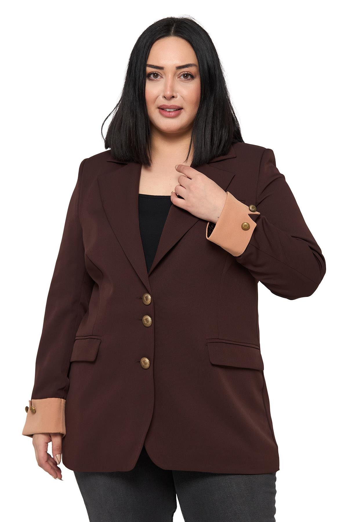 Büyük Beden Manşeti Kumaş Garnili Düğme Detaylı Astarlı Kahverengi Vizon Blazer Ceket