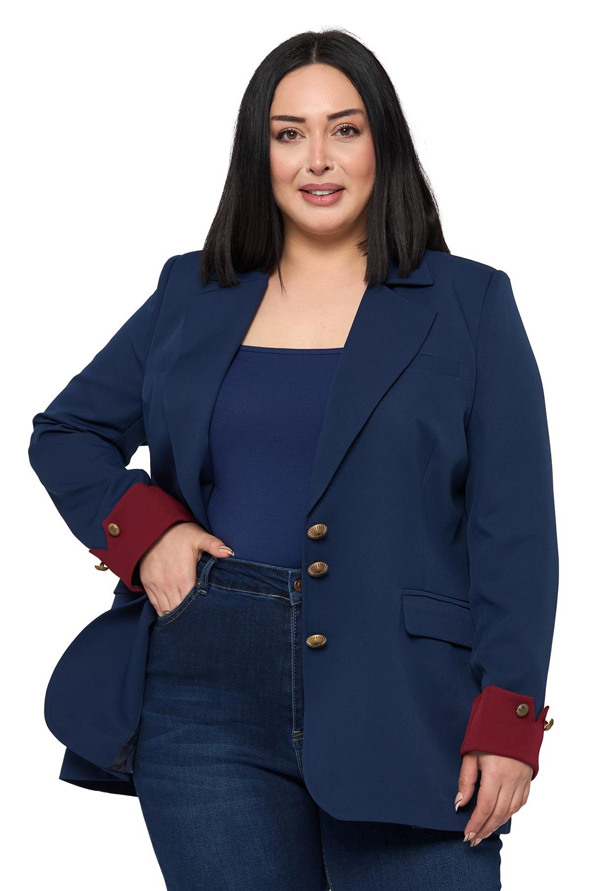 Büyük Beden Manşeti Kumaş Garnili Düğme Detaylı Astarlı Lacivert Bordo Blazer Ceket