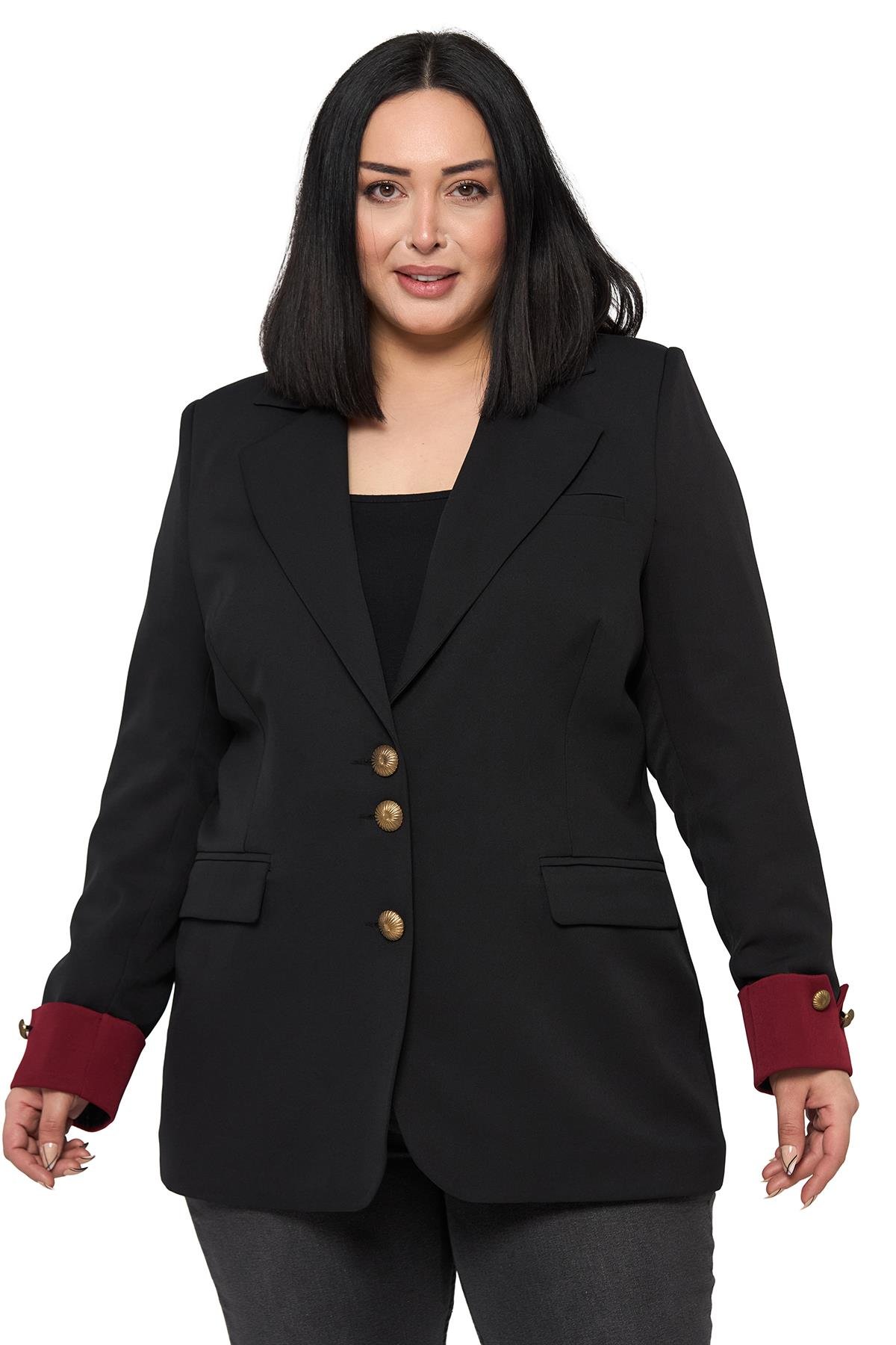 Büyük Beden Manşeti Kumaş Garnili Düğme Detaylı Astarlı Siyah Bordo Blazer Ceket