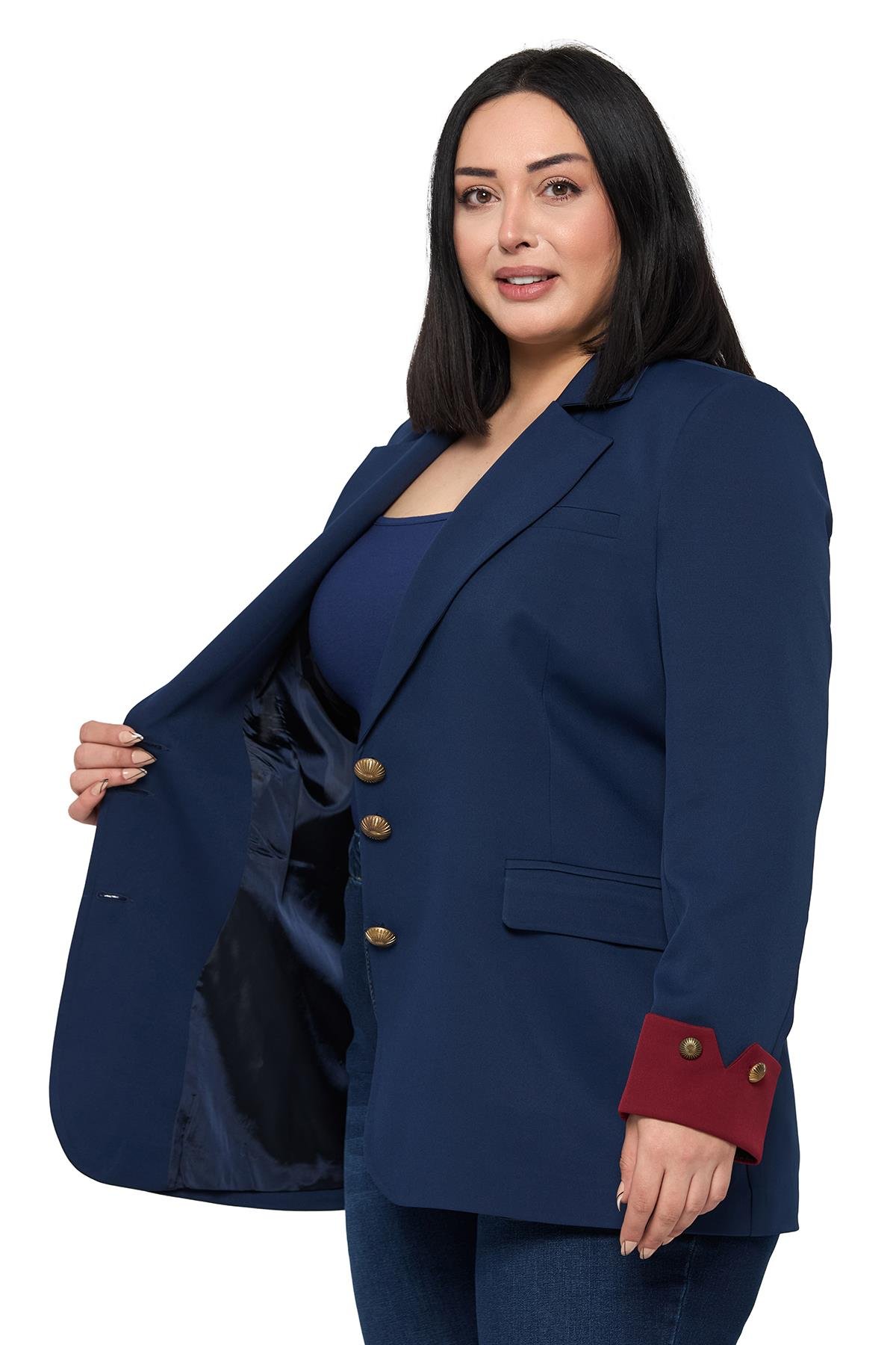 Büyük Beden Manşeti Kumaş Garnili Düğme Detaylı Astarlı Lacivert Bordo Blazer Ceket