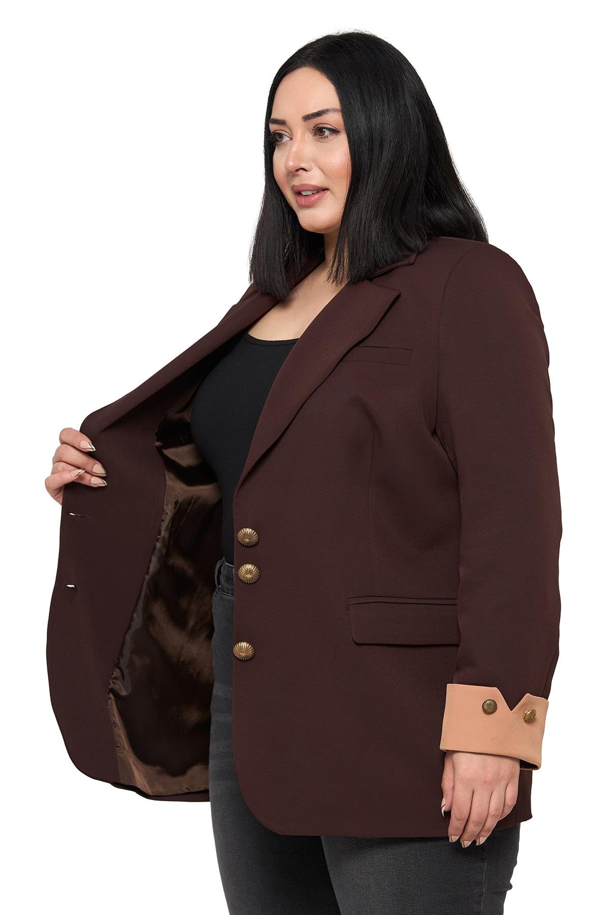 Büyük Beden Manşeti Kumaş Garnili Düğme Detaylı Astarlı Kahverengi Vizon Blazer Ceket