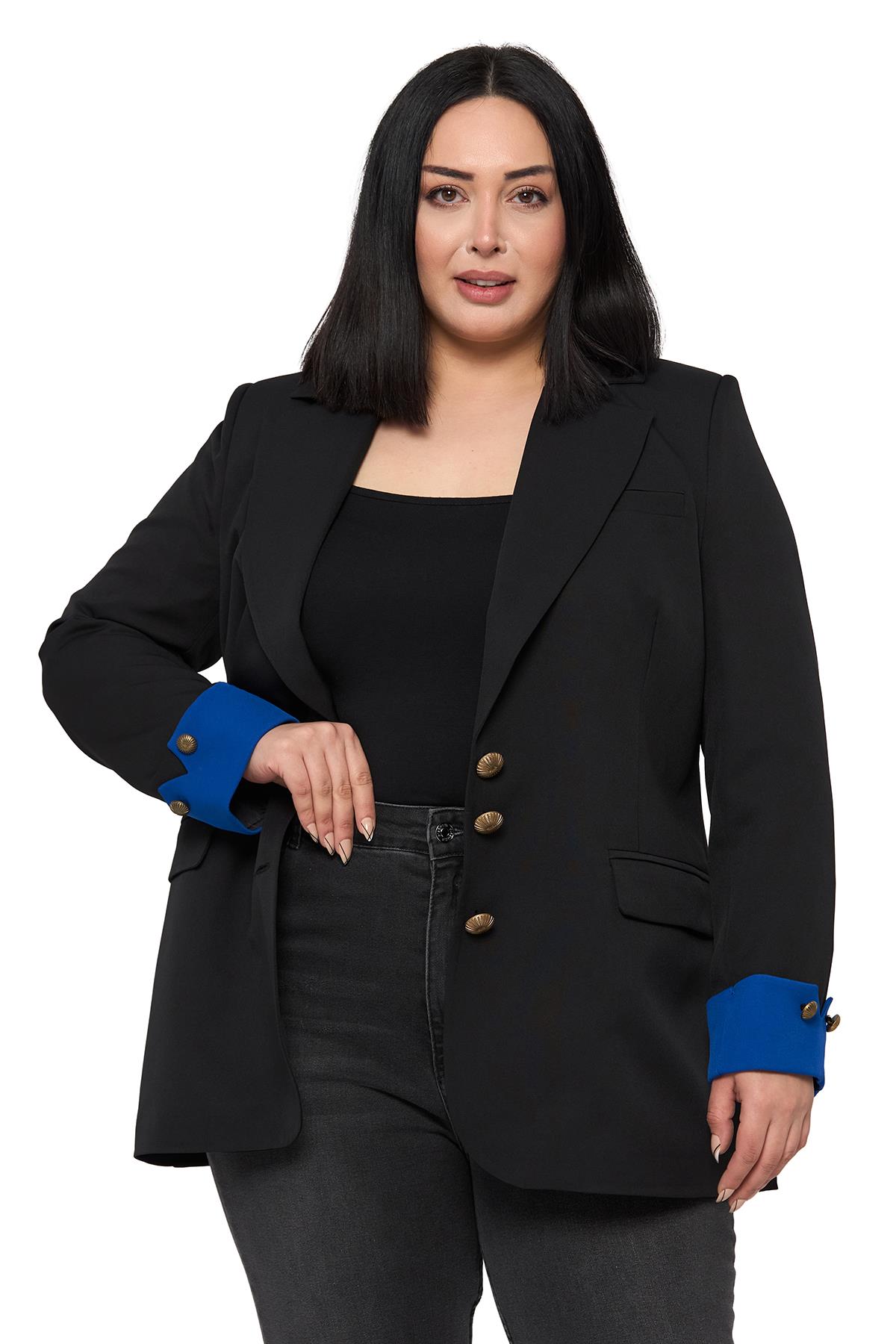 Büyük Beden Manşeti Kumaş Garnili Düğme Detaylı Astarlı Siyah Saks Mavi Blazer Ceket