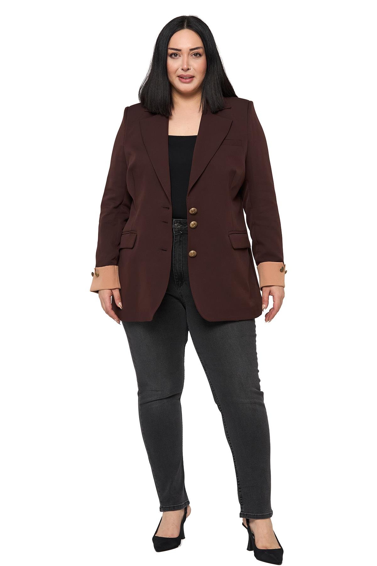 Büyük Beden Manşeti Kumaş Garnili Düğme Detaylı Astarlı Kahverengi Vizon Blazer Ceket