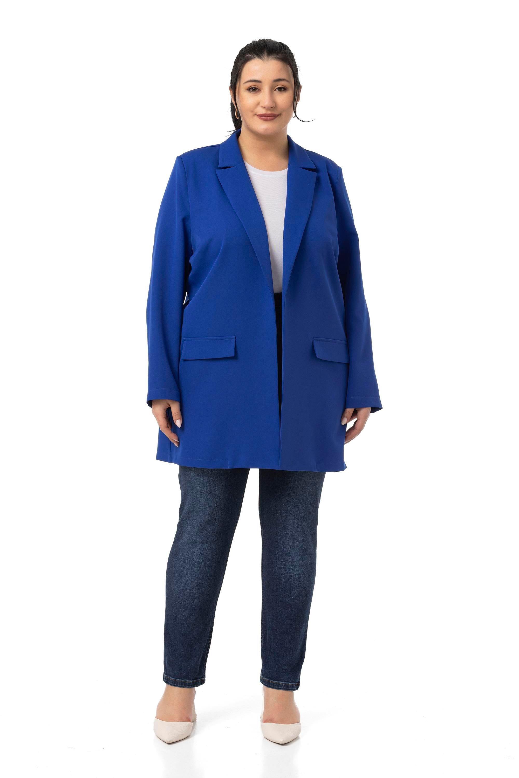 Büyük Beden Mono Yaka Süs Cep Kapaklı Saks Mavi Astarsız Kadın Ceket