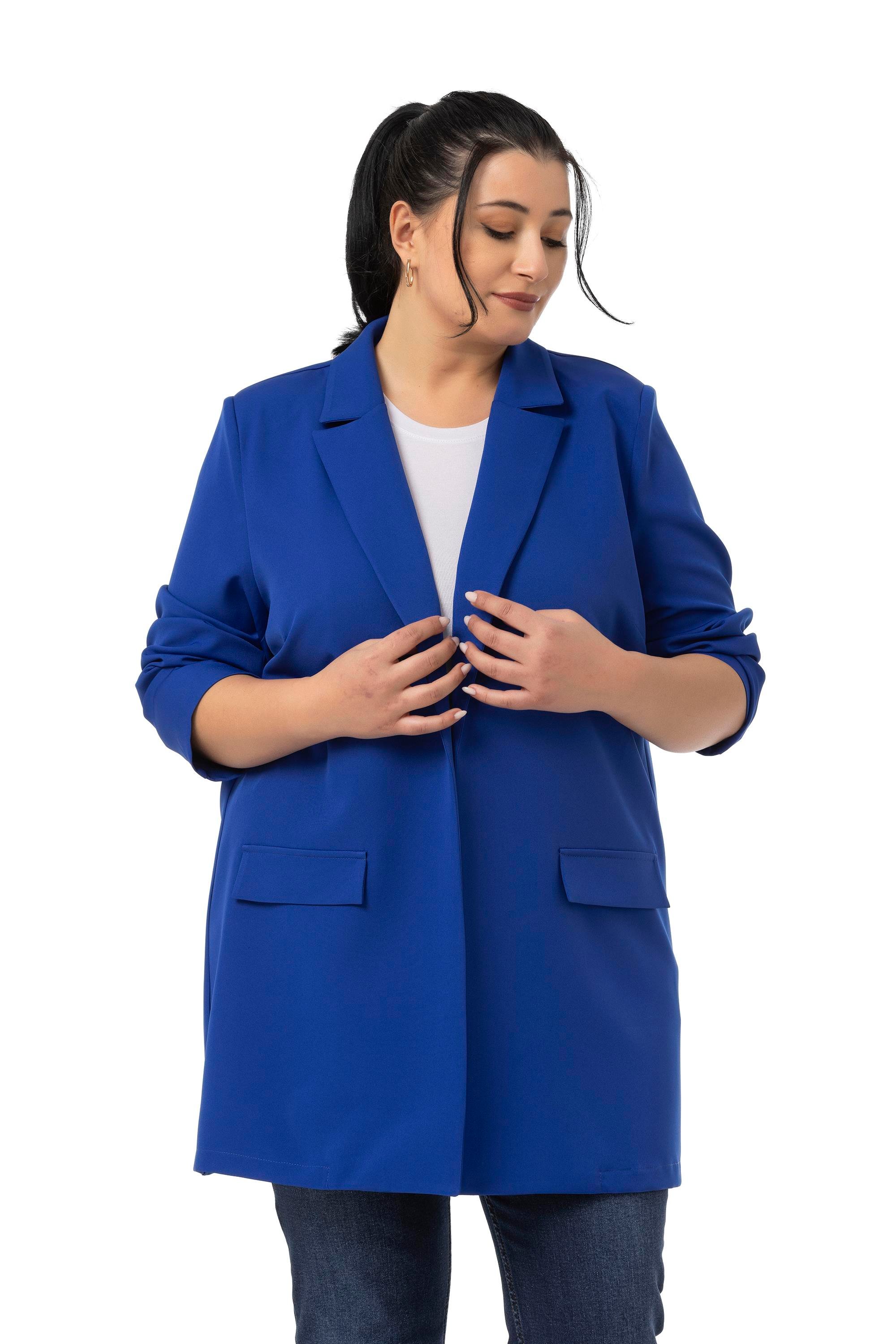 Büyük Beden Mono Yaka Süs Cep Kapaklı Saks Mavi Astarsız Kadın Ceket