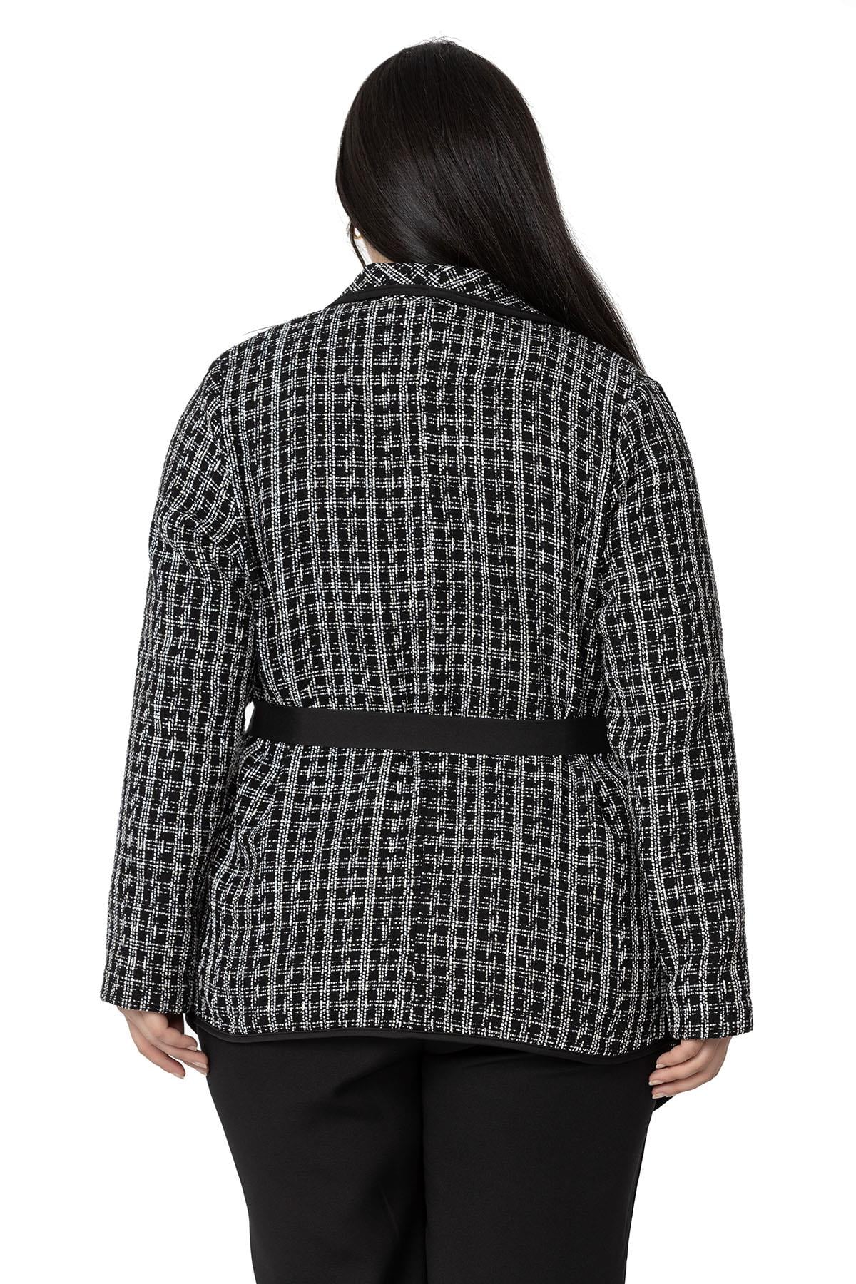 Plus Size Shawl Collar Piping Detailed Belted Unlined Black and White Jacket