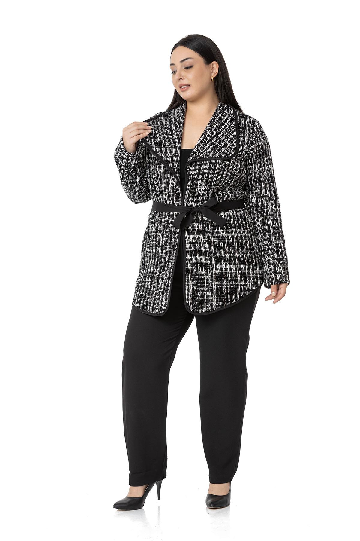 Plus Size Shawl Collar Piping Detailed Belted Unlined Black and White Jacket