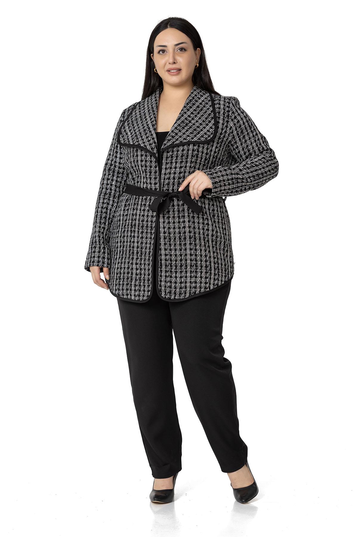 Plus Size Shawl Collar Piping Detailed Belted Unlined Black and White Jacket